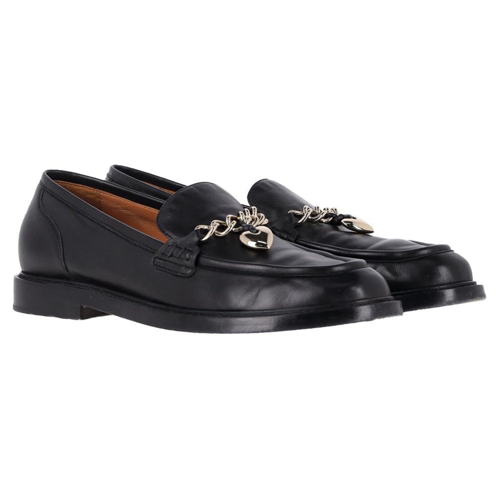Chloé Ninna Heart Chain Detail Loafers in Black Leather