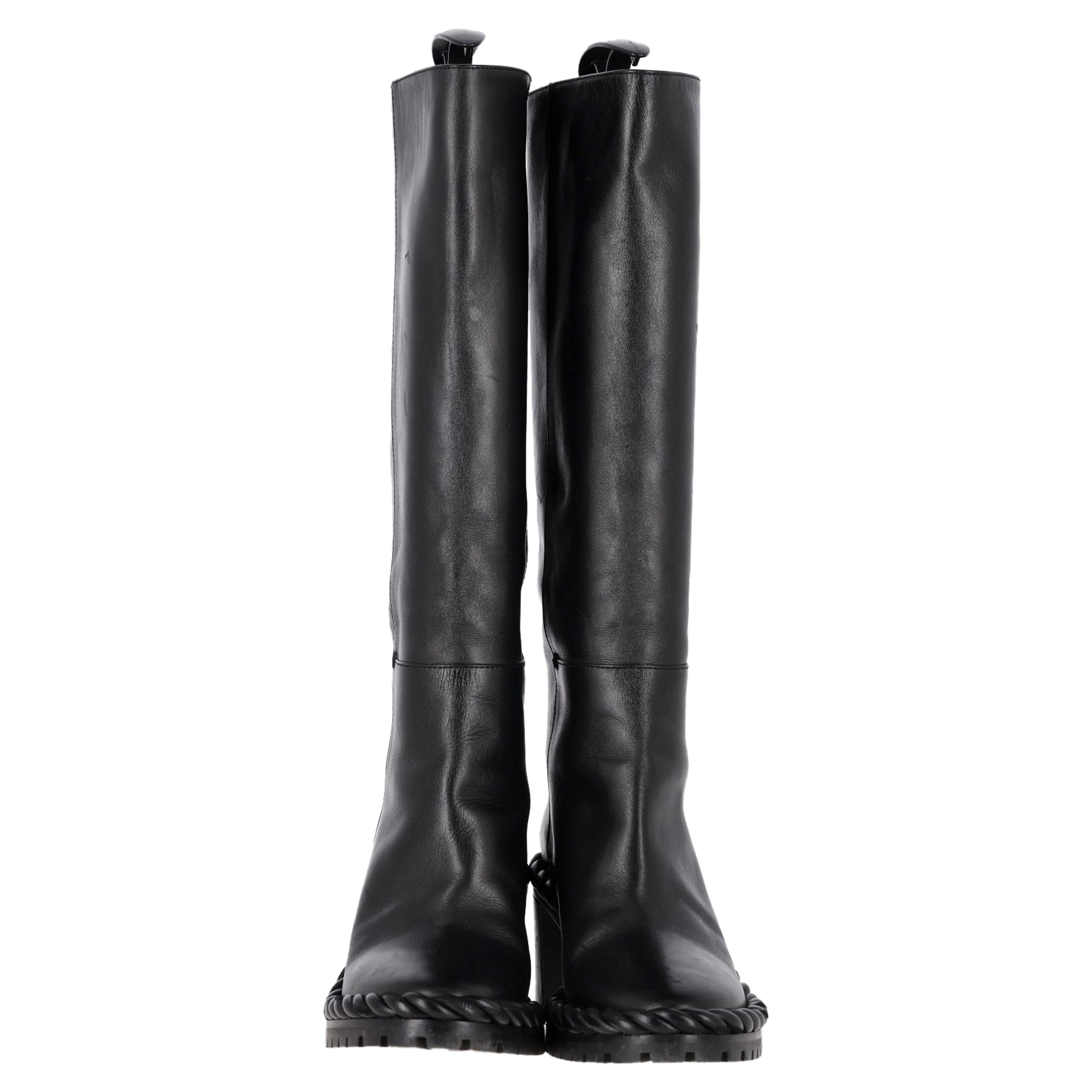 Valentino Garavani Rope Mid-Calf Block Heel Boots in Black Leather