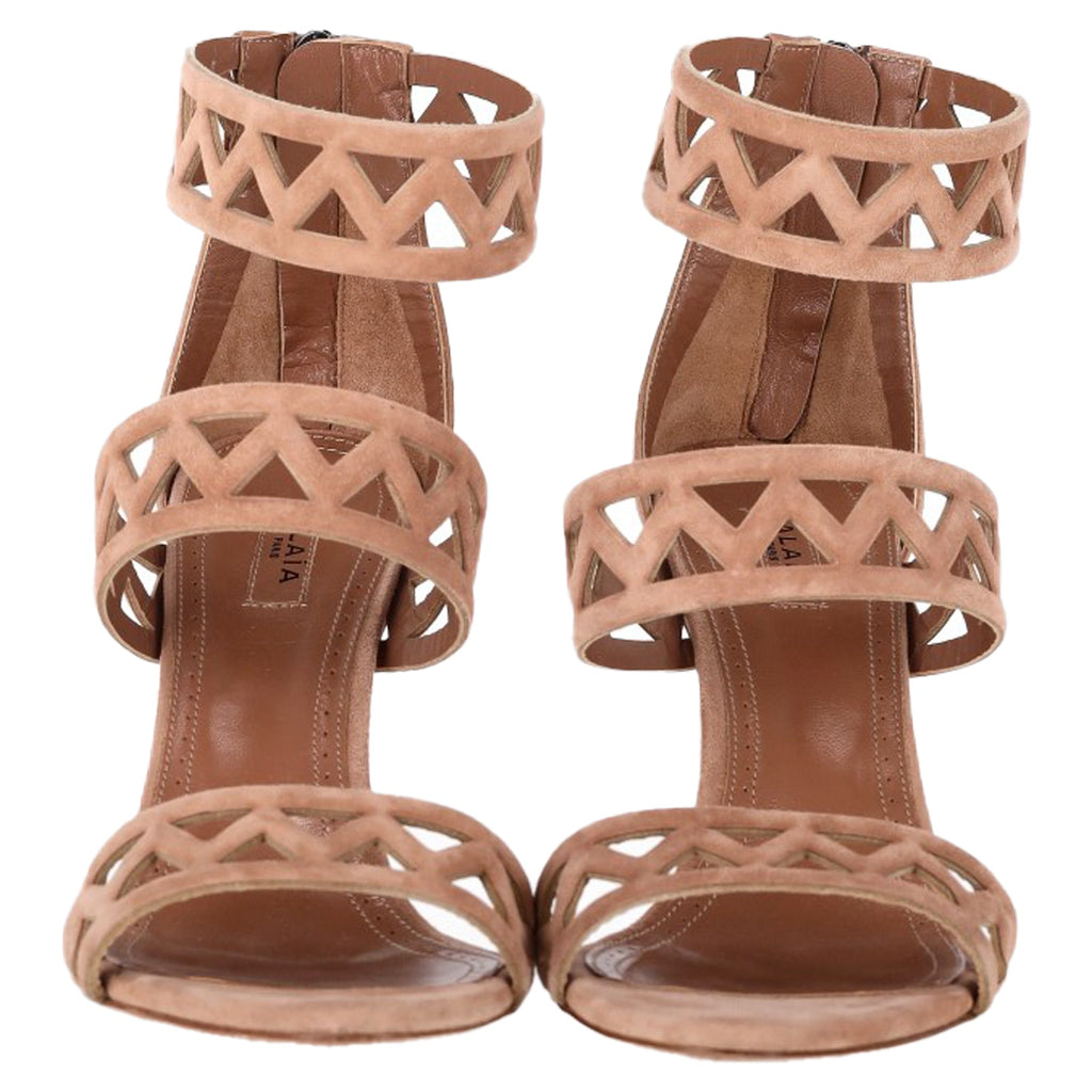 Alaïa 90 Laser-Cut Sandals in Nude Suede