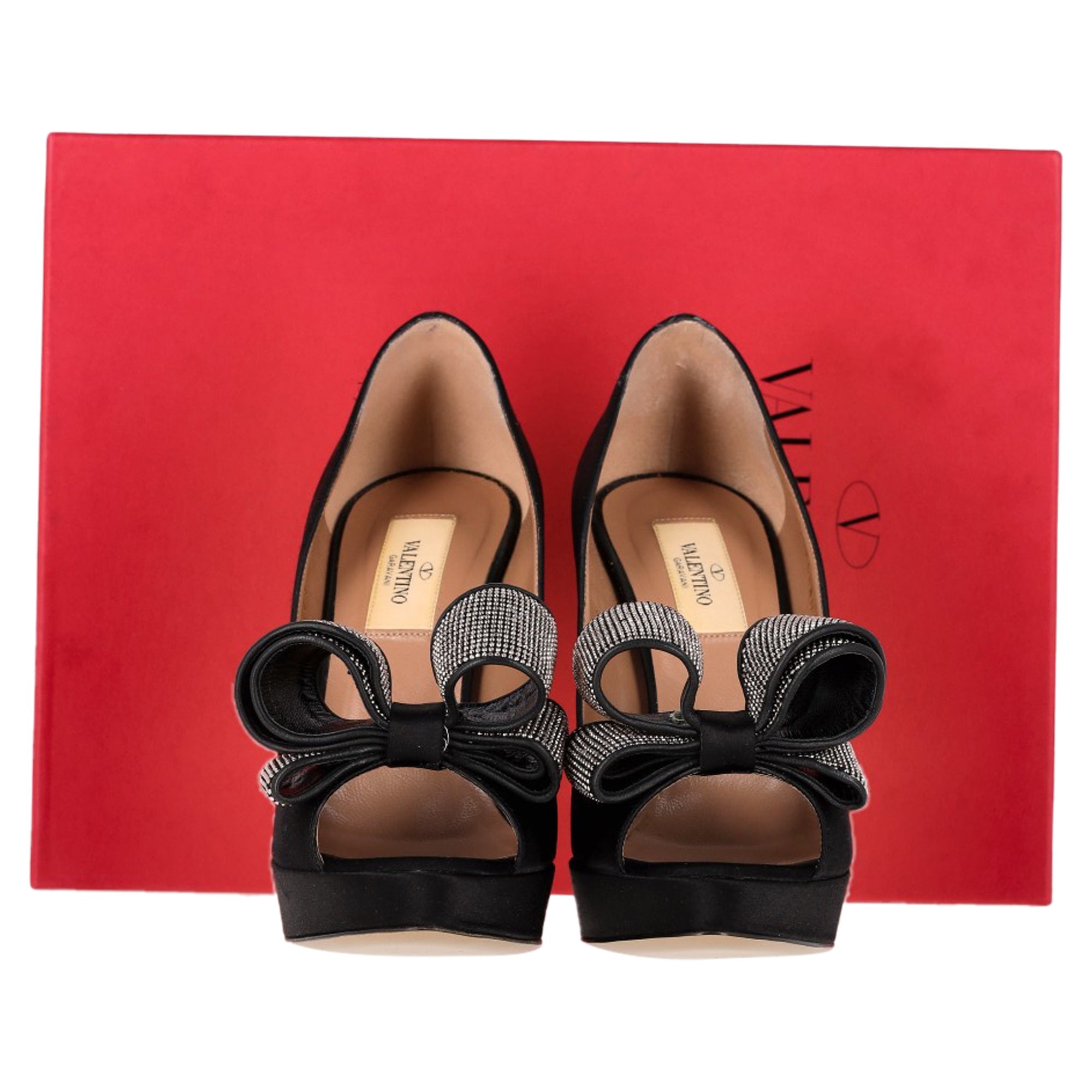Women's Valentino Bow Peep Toe Pumps in Black Satin
