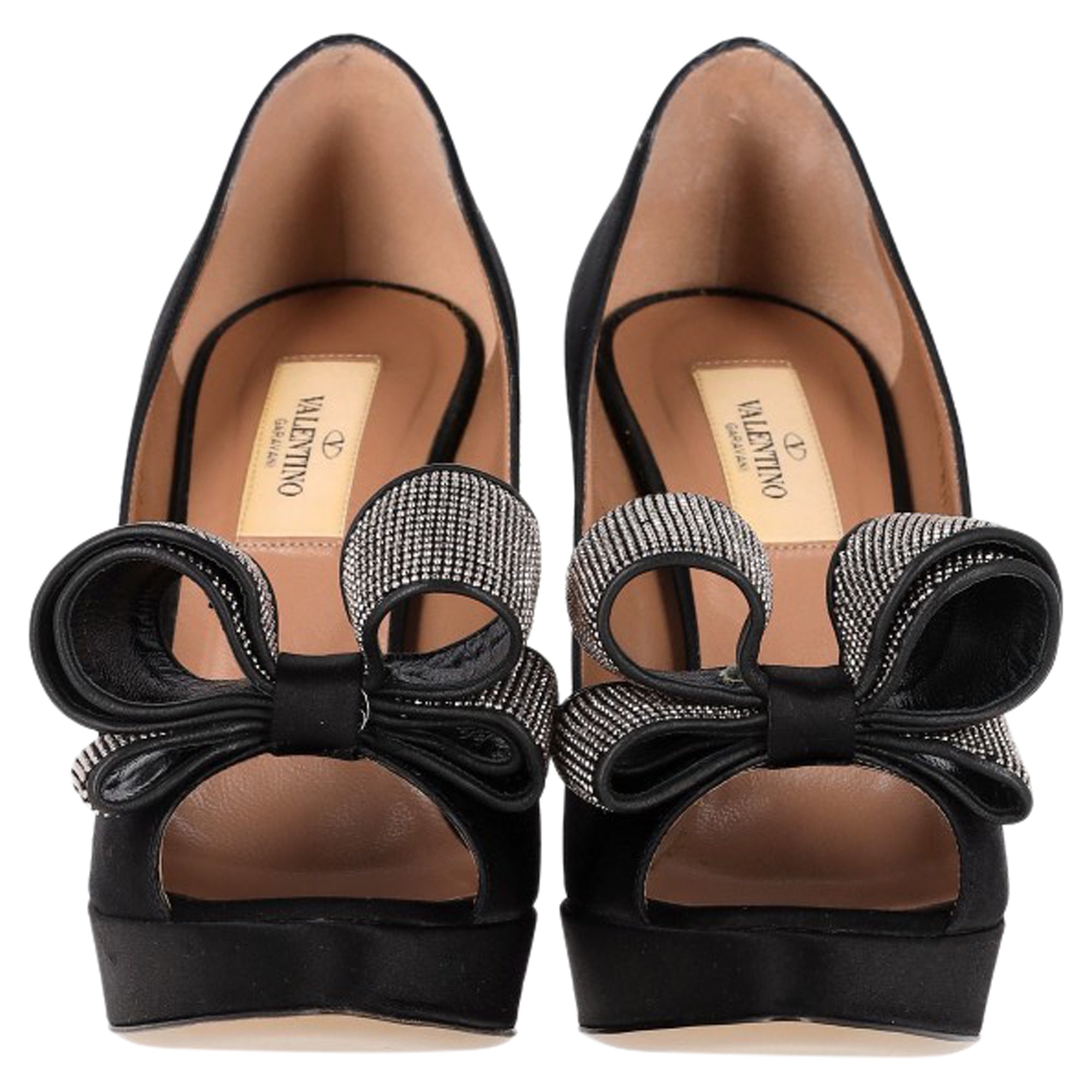 Women's Valentino Bow Peep Toe Pumps in Black Satin