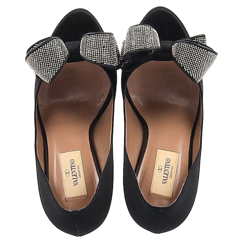 Women's Valentino Bow Peep Toe Pumps in Black Satin