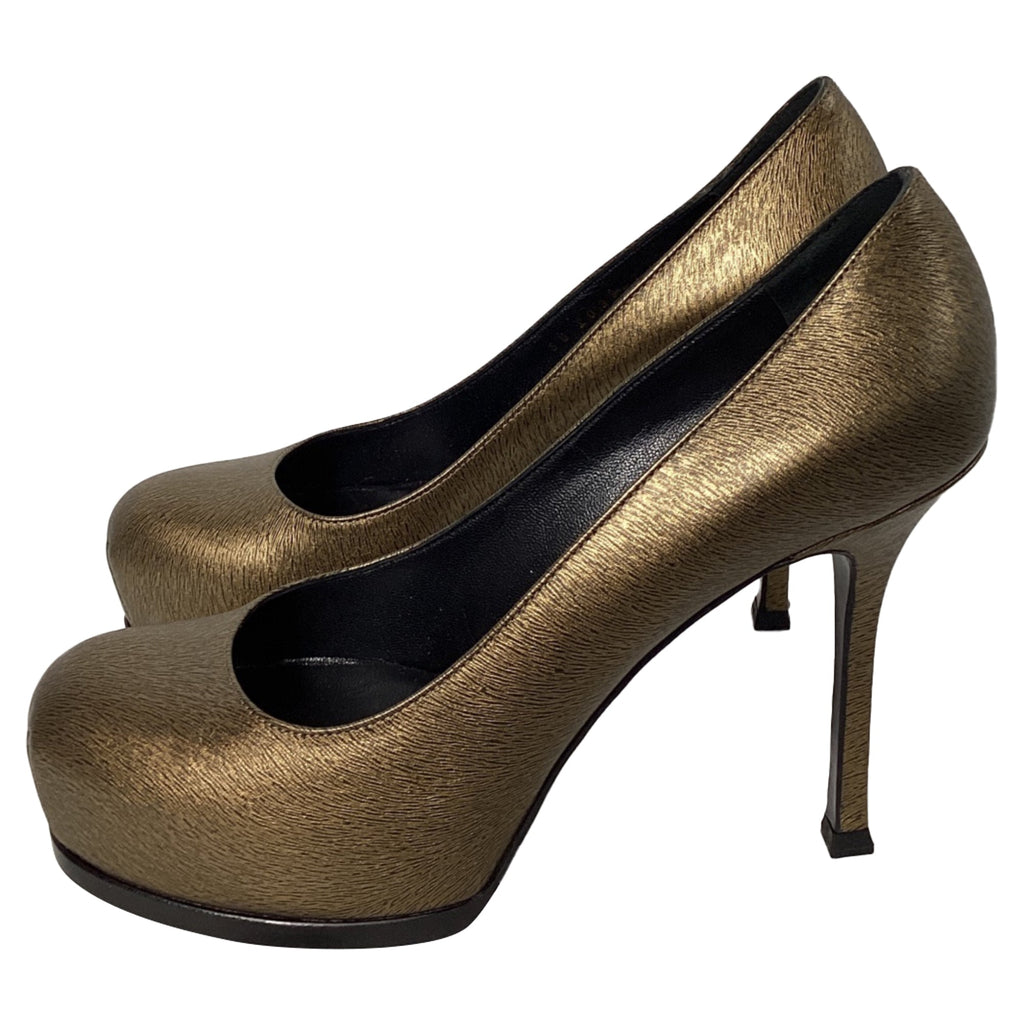 Yves Saint Laurent Tribtoo Platform Pumps in Gold Leather