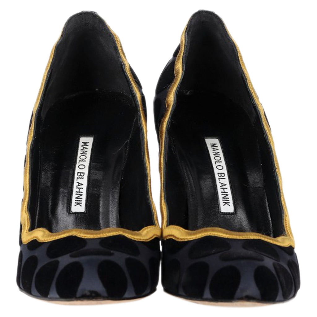 Women's Manolo Blahnik Polka Dot Scalloped Pumps in Navy Blue Satin