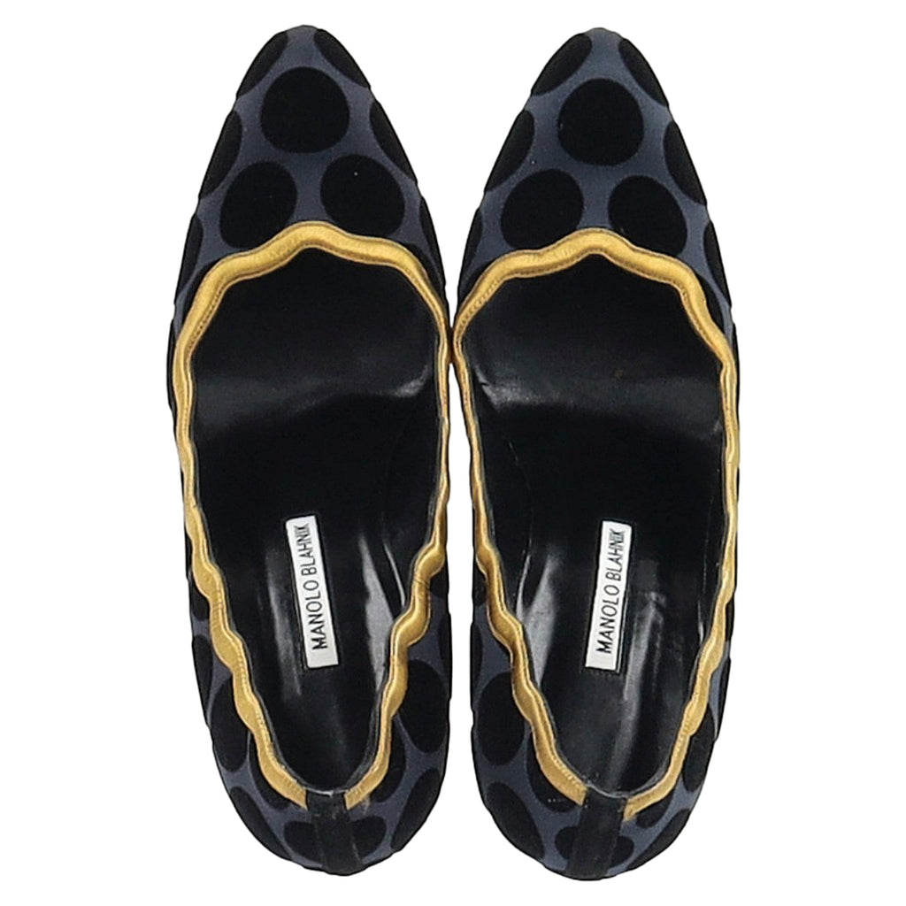 Women's Manolo Blahnik Polka Dot Scalloped Pumps in Navy Blue Satin