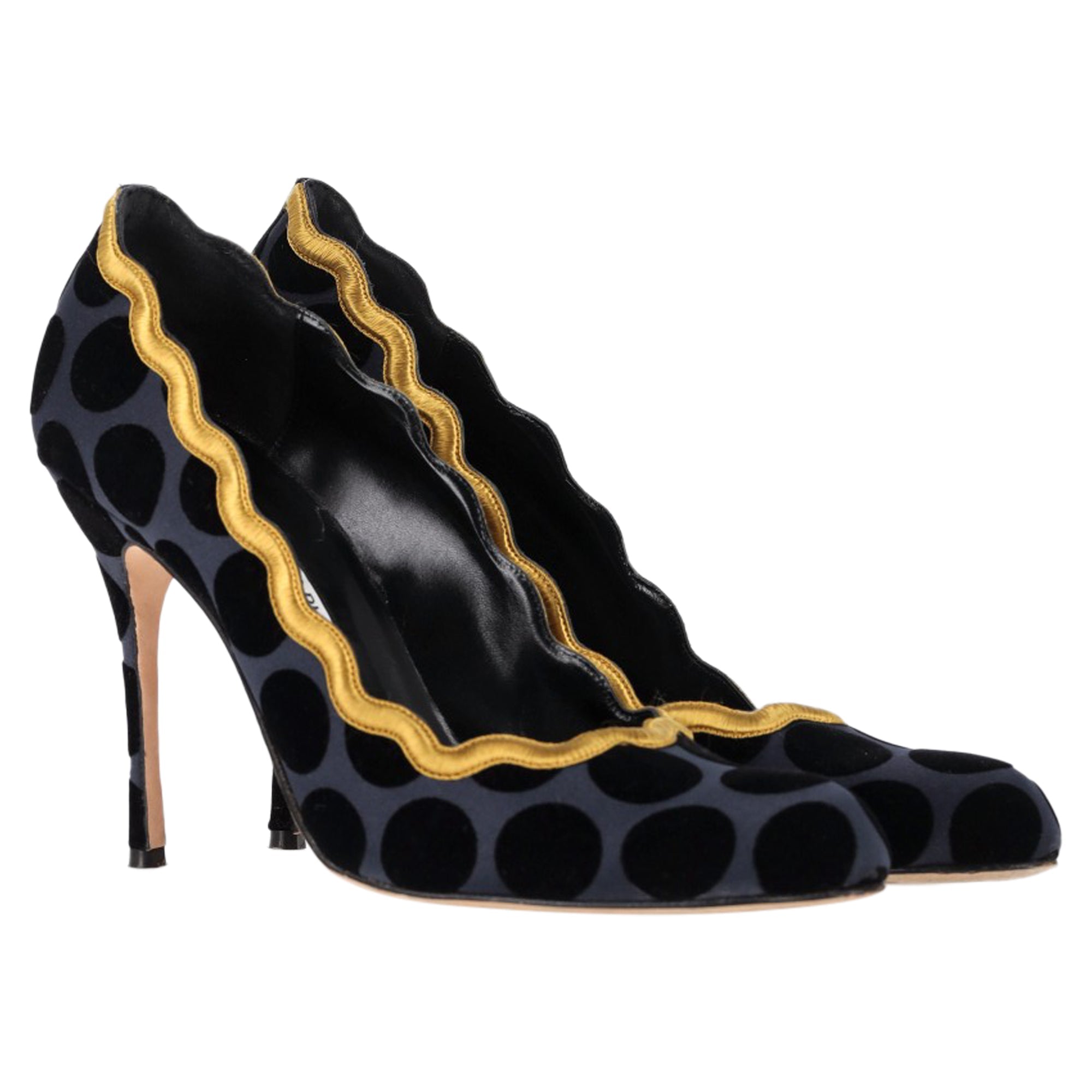 Women's Manolo Blahnik Polka Dot Scalloped Pumps in Navy Blue Satin