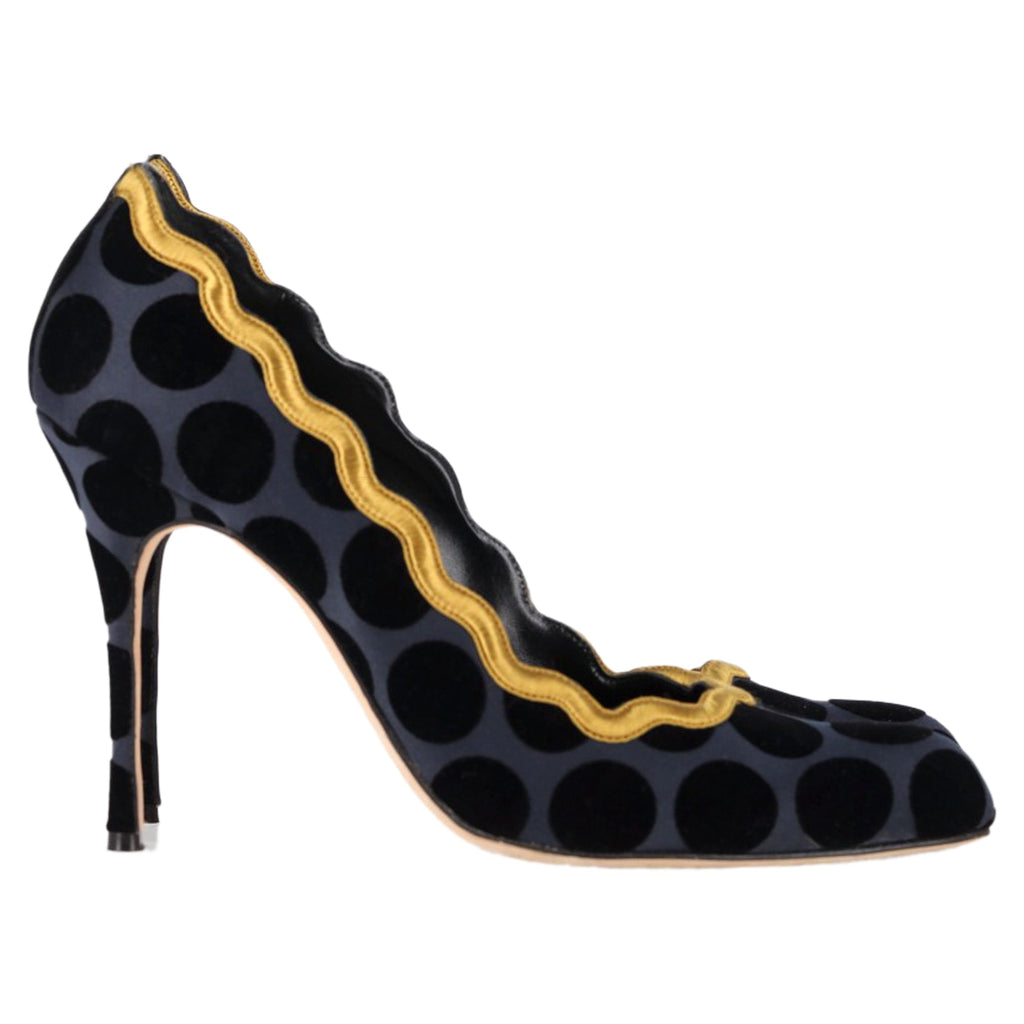 Women's Manolo Blahnik Polka Dot Scalloped Pumps in Navy Blue Satin
