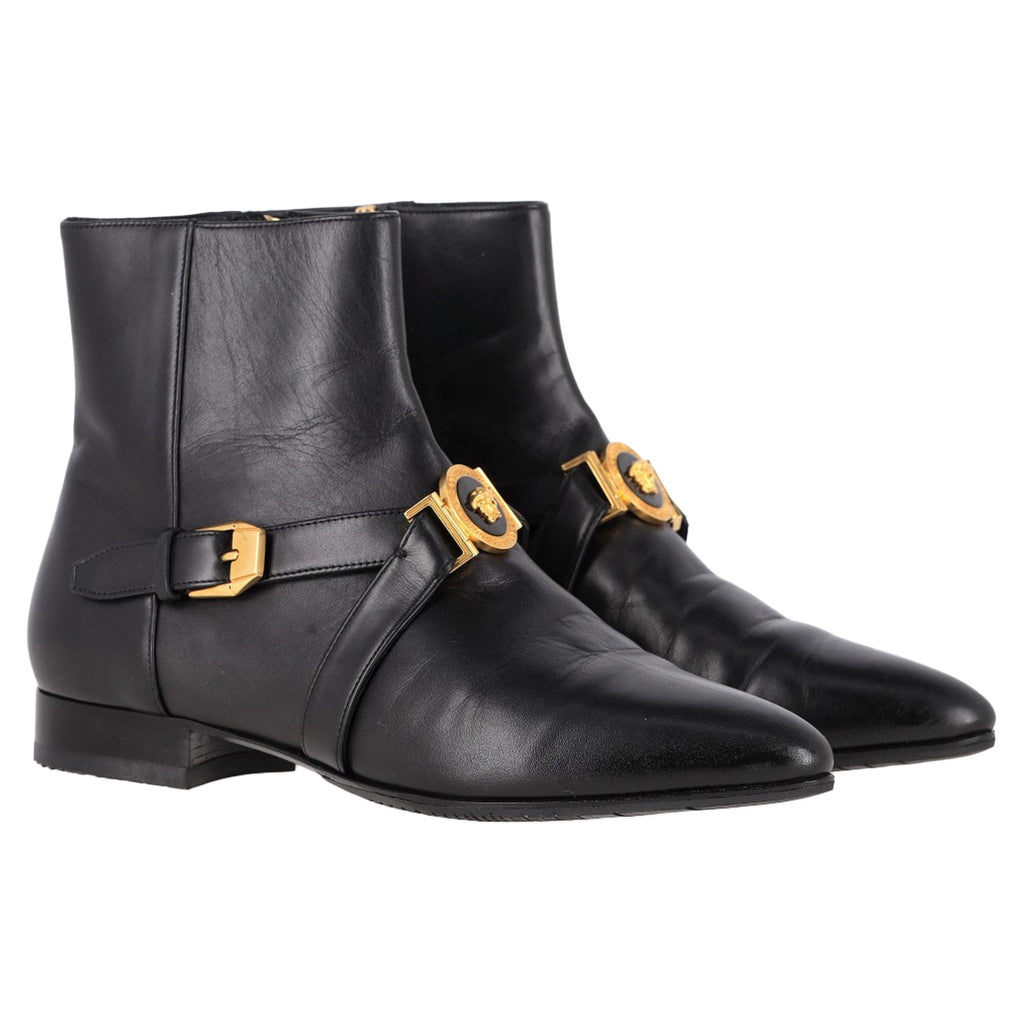 Versace Medusa Buckled Ankle Boots in Black Leather