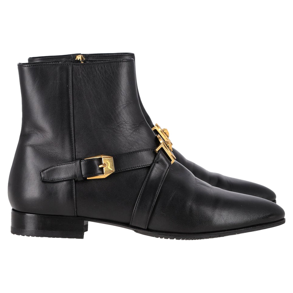 Versace Medusa Buckled Ankle Boots in Black Leather