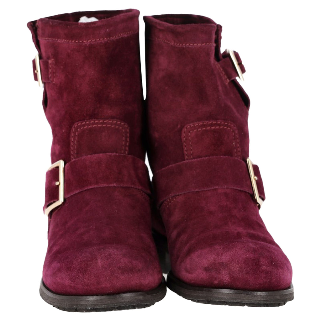 Women's Jimmy Choo Double-Buckle Detail Ankle Boots in Burgundy Suede