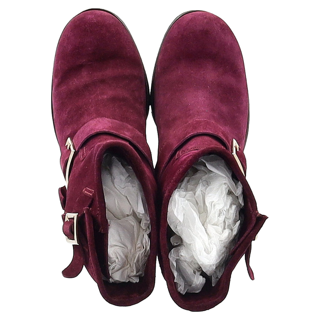 Women's Jimmy Choo Double-Buckle Detail Ankle Boots in Burgundy Suede
