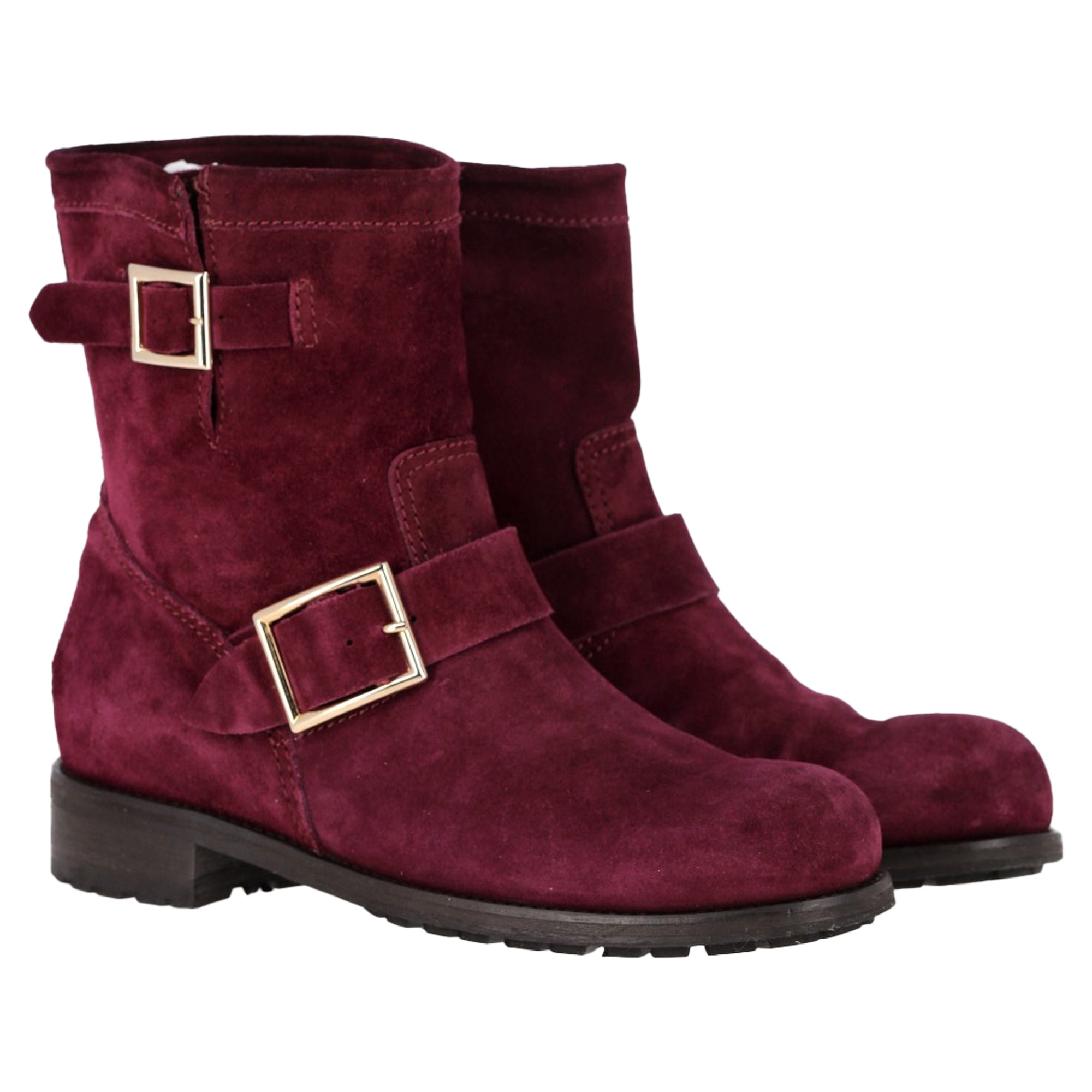 Women's Jimmy Choo Double-Buckle Detail Ankle Boots in Burgundy Suede
