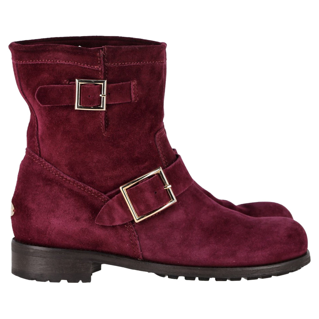 Women's Jimmy Choo Double-Buckle Detail Ankle Boots in Burgundy Suede