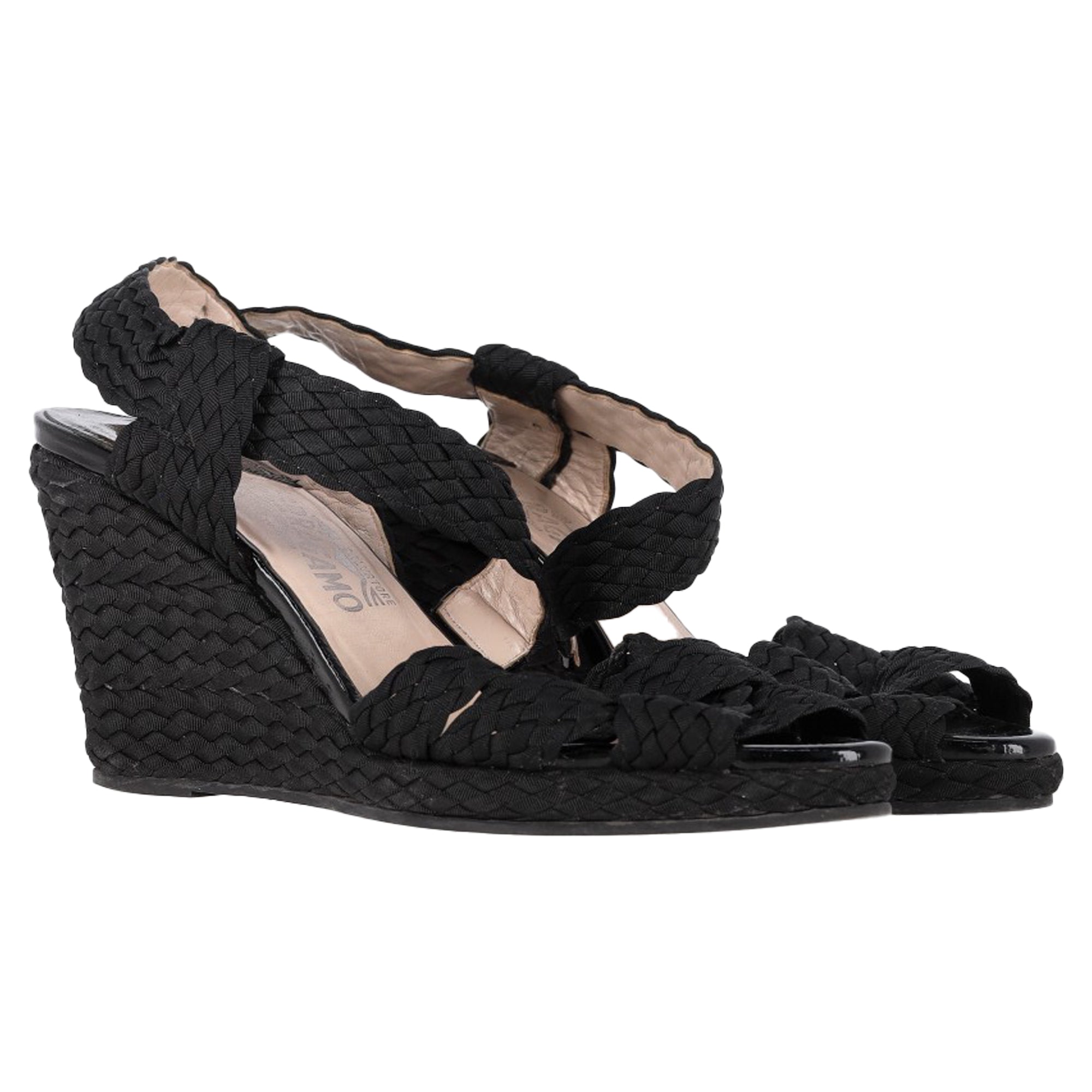 Women's  Salvatore Ferragamo Espadrille Wedge Sandals in Black Straw