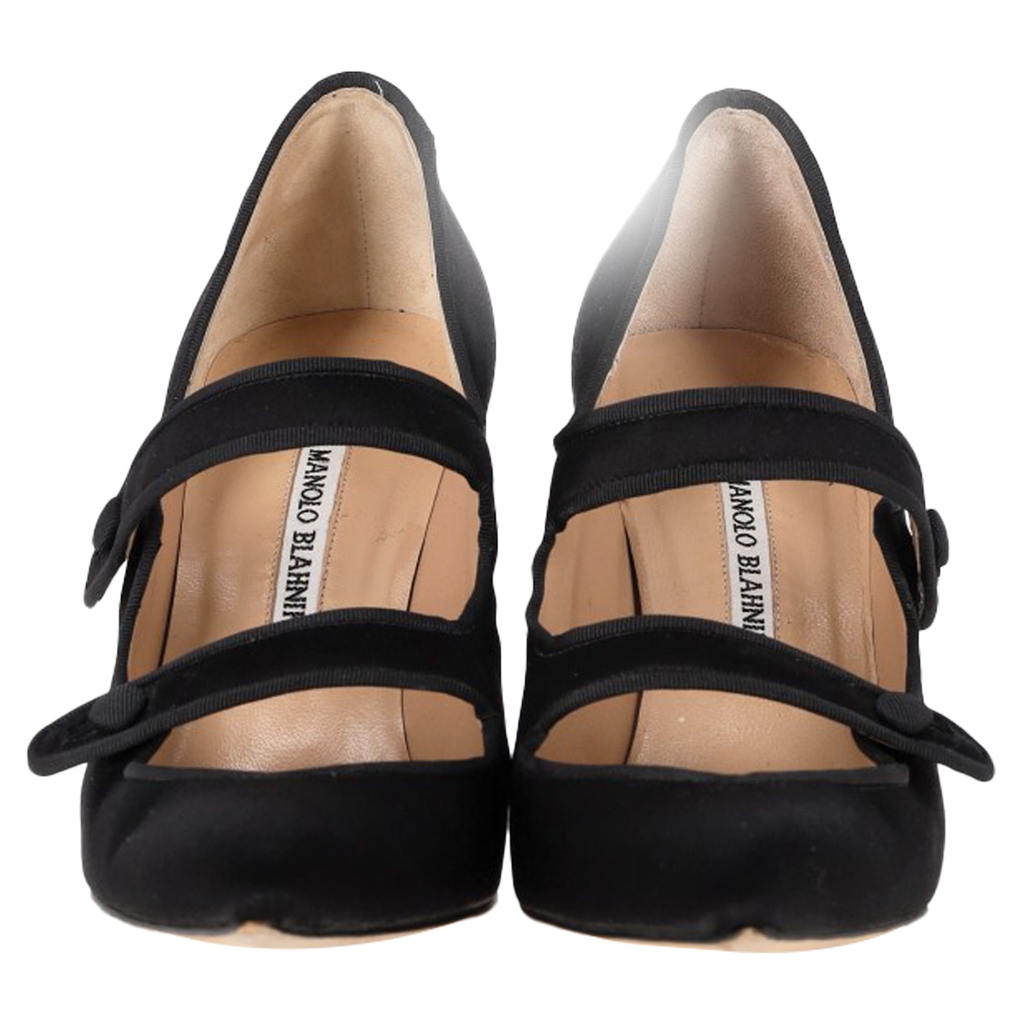 Women's Manolo Blahnik Double Strap Mary Jane Pumps in Black Satin