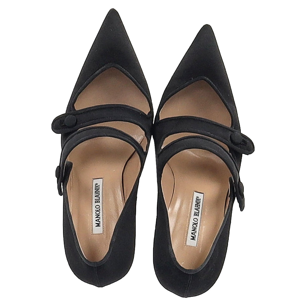 Women's Manolo Blahnik Double Strap Mary Jane Pumps in Black Satin