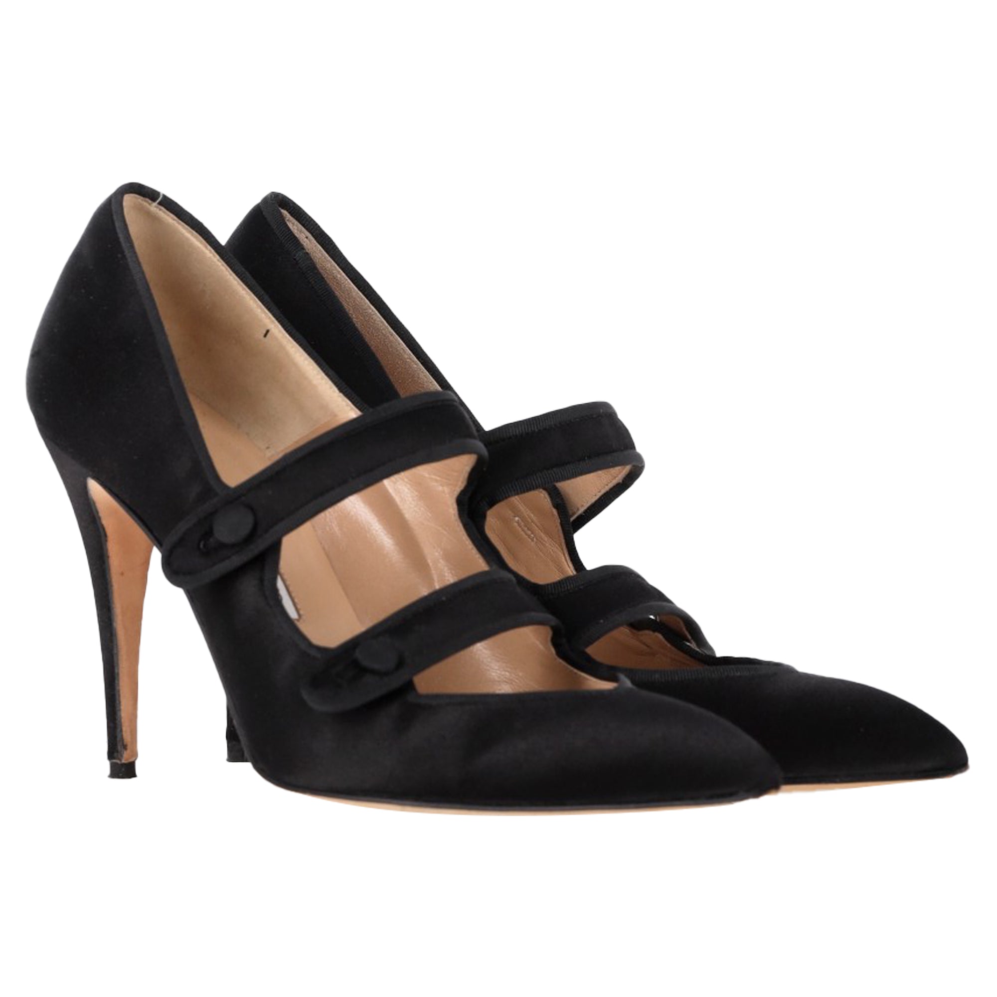 Women's Manolo Blahnik Double Strap Mary Jane Pumps in Black Satin