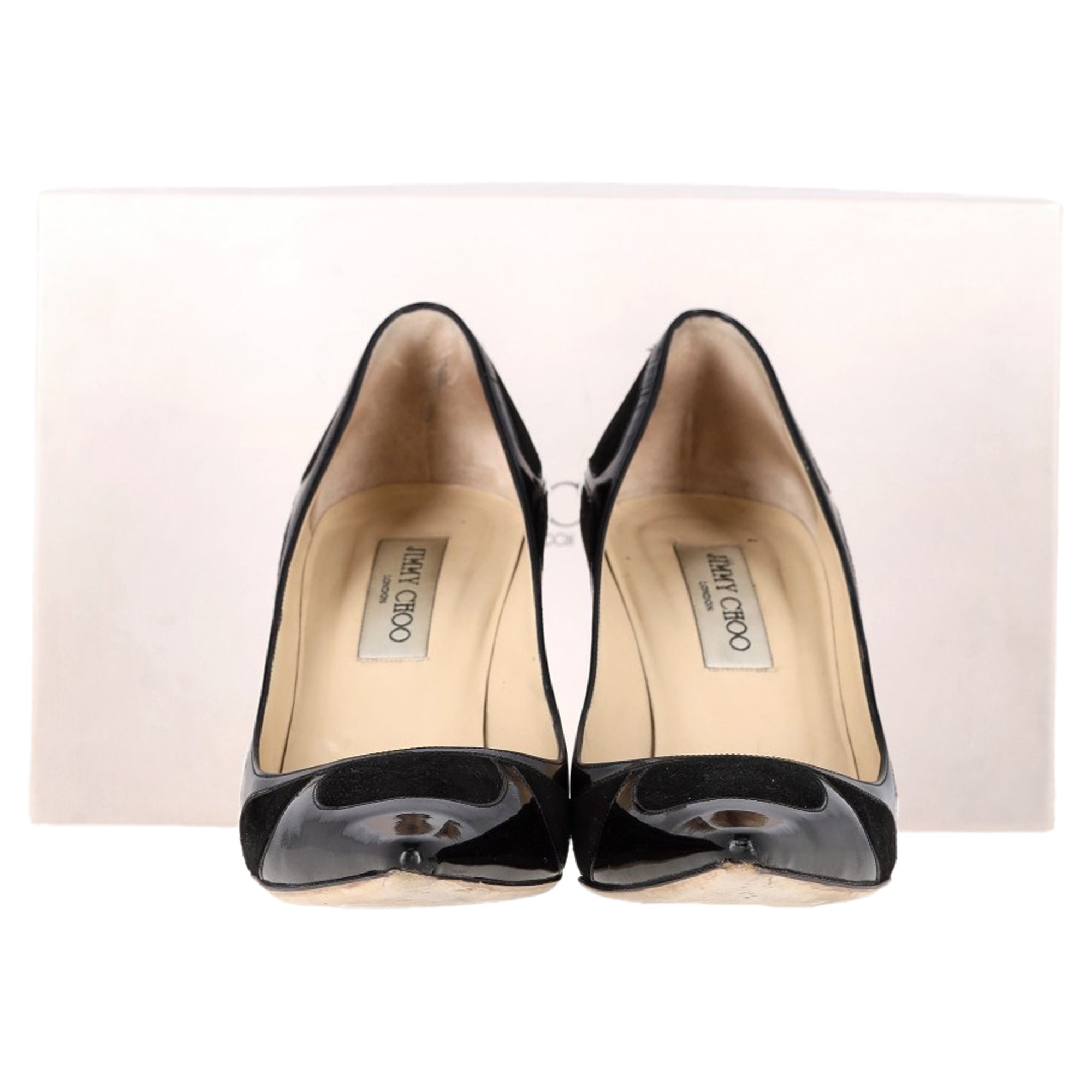 Jimmy Choo Suede Trimmed Pointed Toe Pumps in Black Patent Leather
