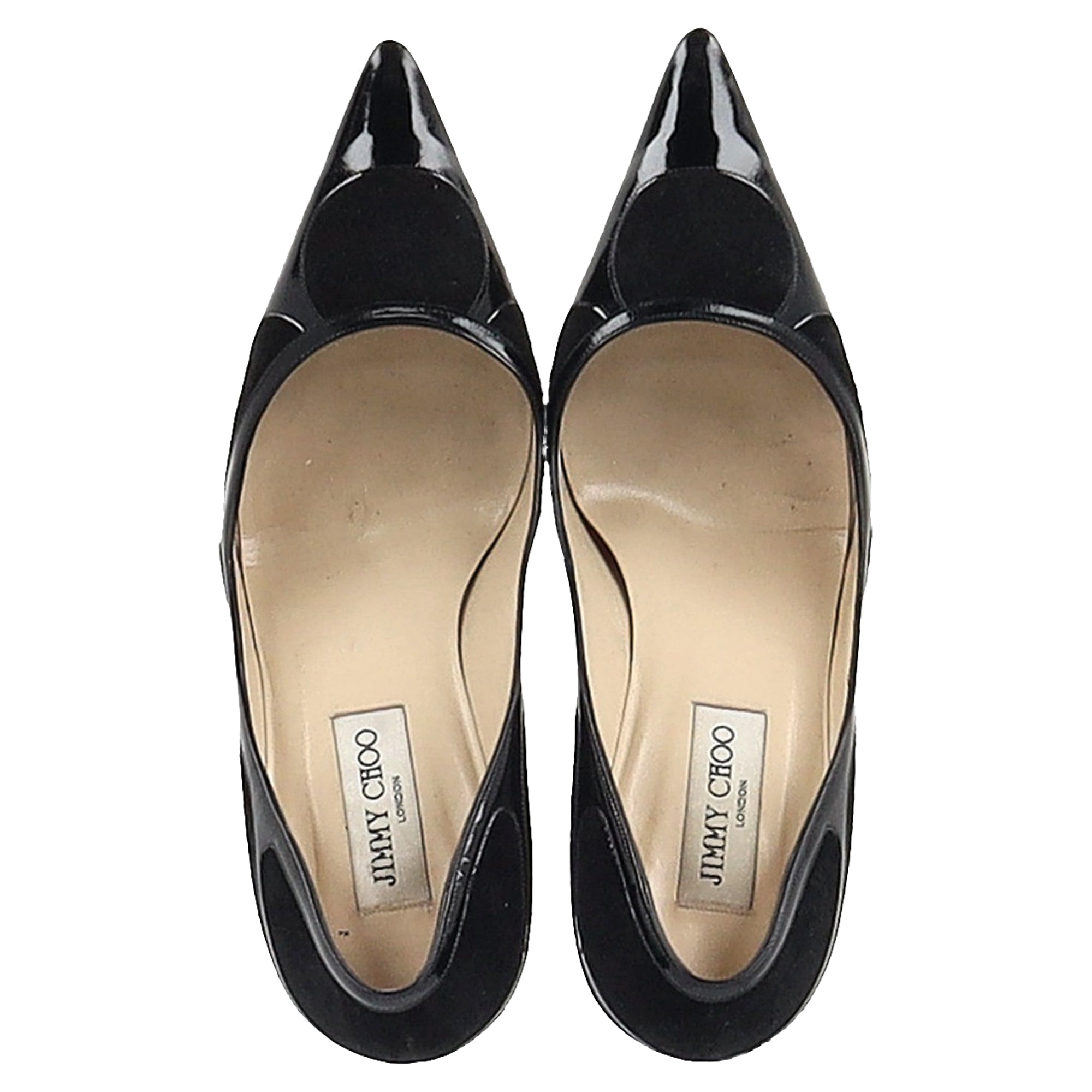 Jimmy Choo Suede Trimmed Pointed Toe Pumps in Black Patent Leather