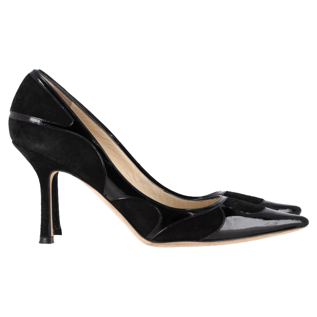 Jimmy Choo Suede Trimmed Pointed Toe Pumps in Black Patent Leather