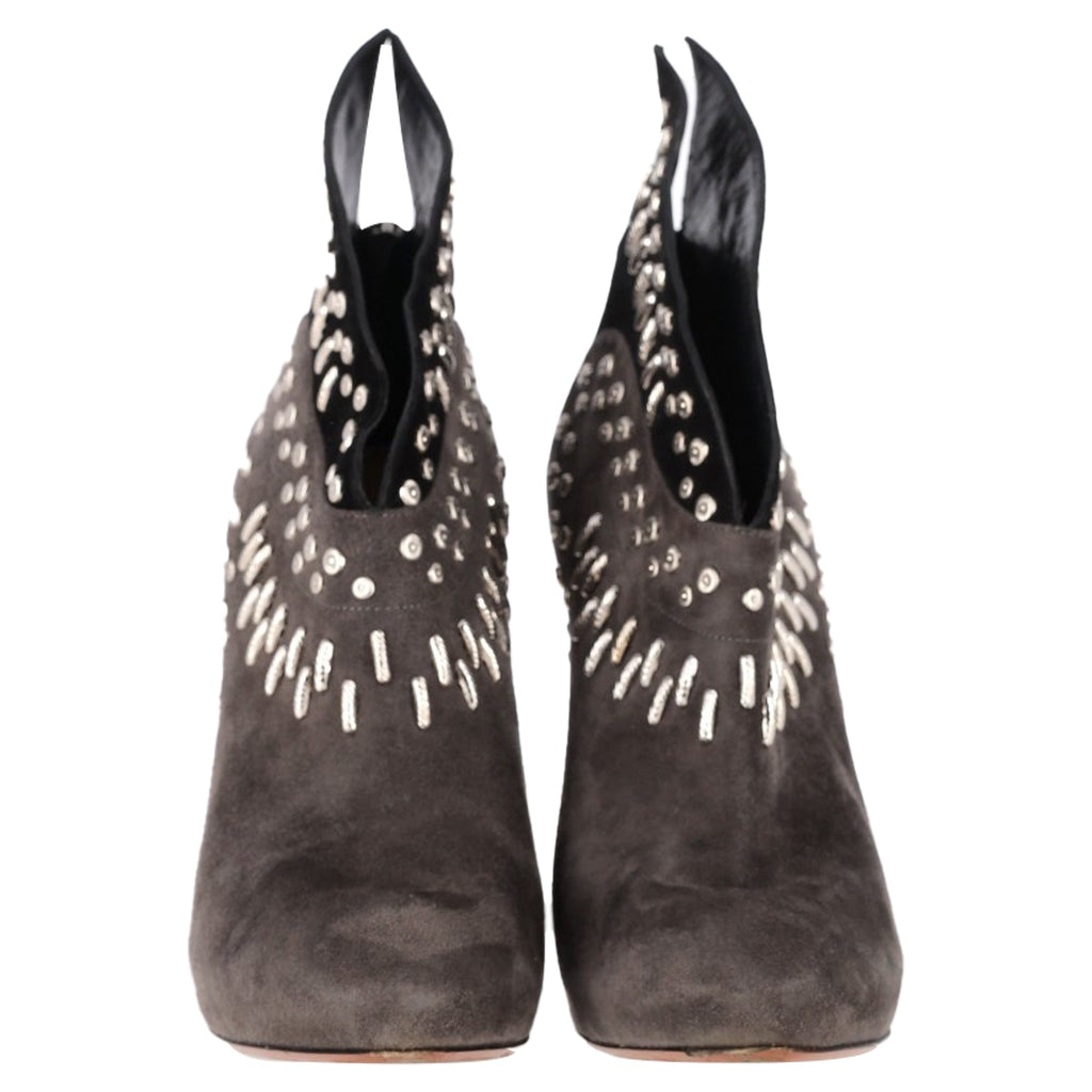 Women's Alaïa Winged Embellished Heeled Ankle Boots in Grey and Black Suede