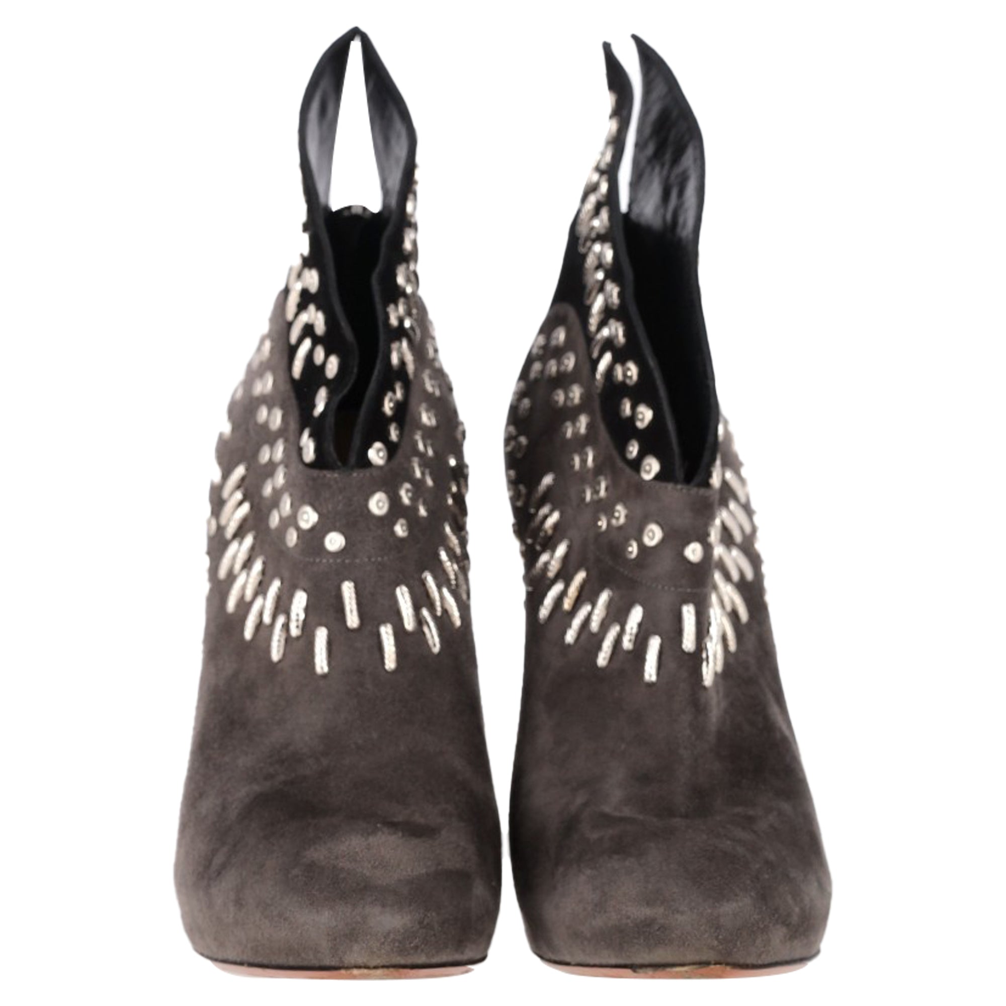 Women's Alaïa Winged Embellished Heeled Ankle Boots in Grey and Black Suede