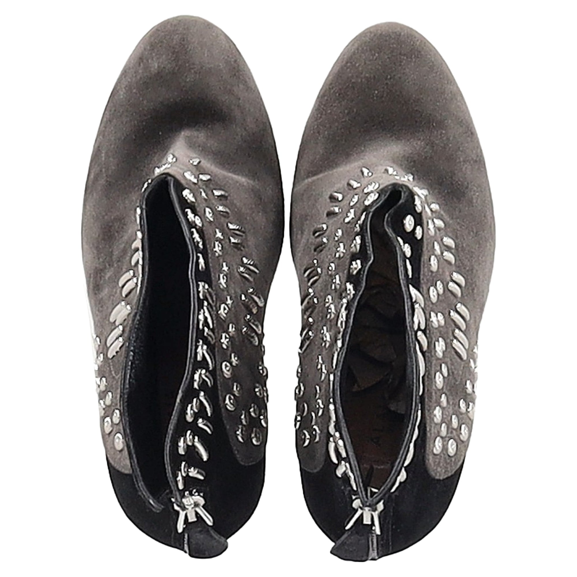 Women's Alaïa Winged Embellished Heeled Ankle Boots in Grey and Black Suede