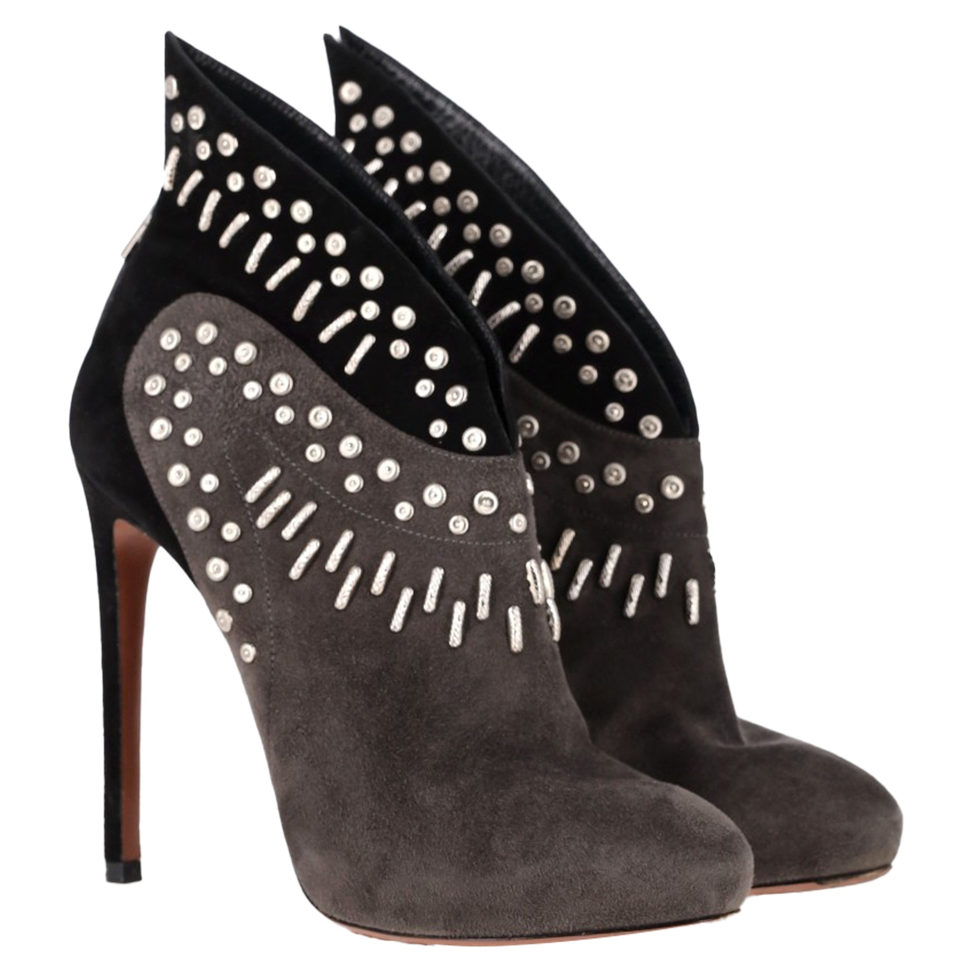Women's Alaïa Winged Embellished Heeled Ankle Boots in Grey and Black Suede