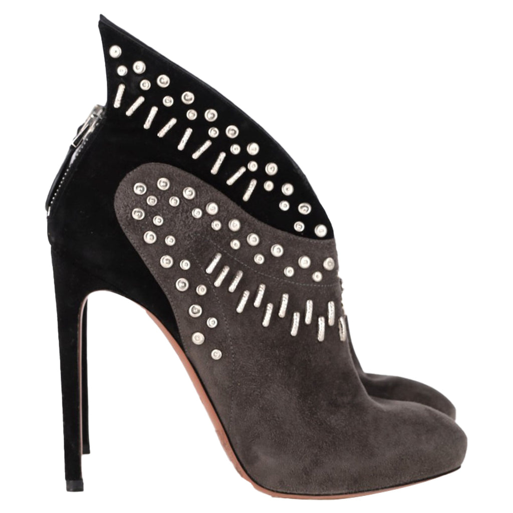Women's Alaïa Winged Embellished Heeled Ankle Boots in Grey and Black Suede