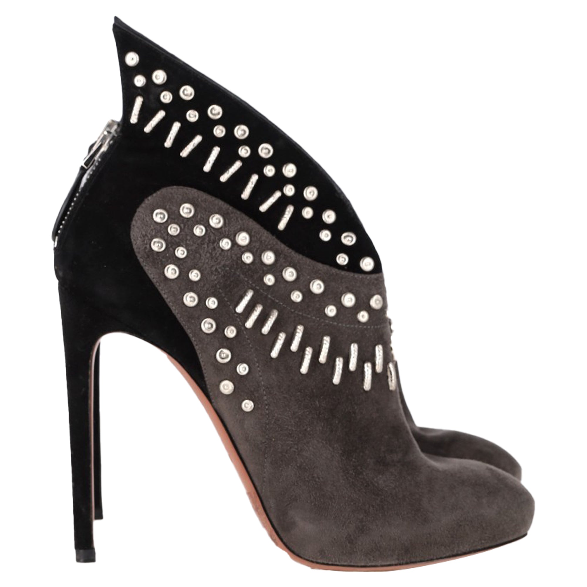 Women's Alaïa Winged Embellished Heeled Ankle Boots in Grey and Black Suede