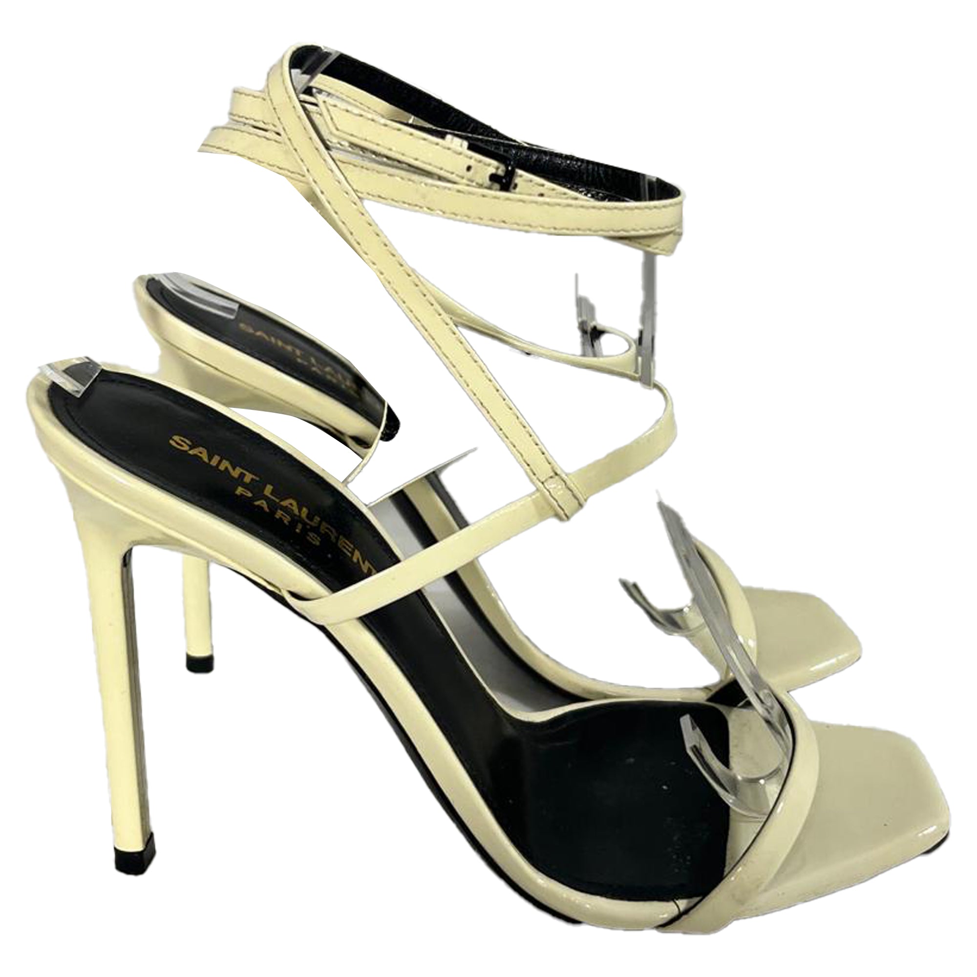 Saint Laurent Amber Strappy High-Heeled Sandals in Cream Leather