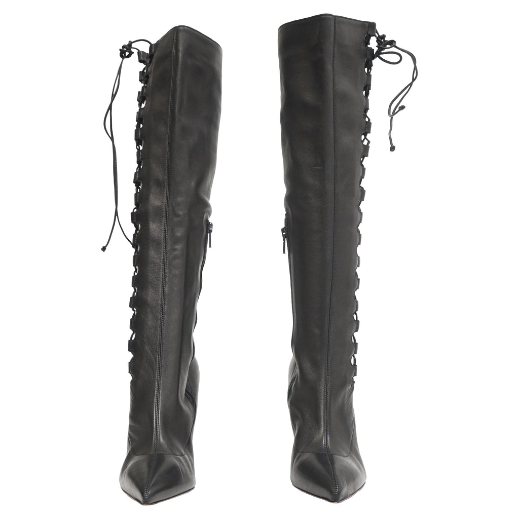 Christian Louboutin Goulue Lace Up Knee Boots in Black Leather