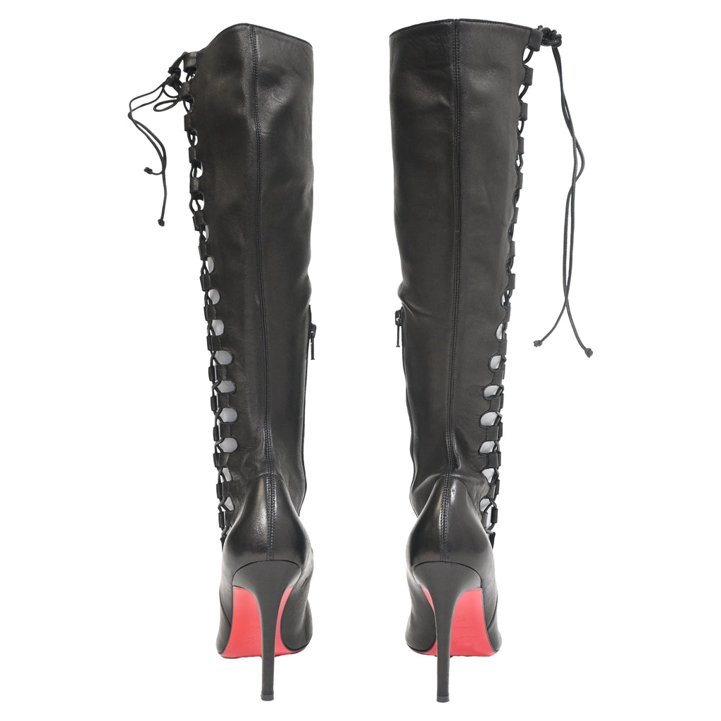 Christian Louboutin Goulue Lace Up Knee Boots in Black Leather