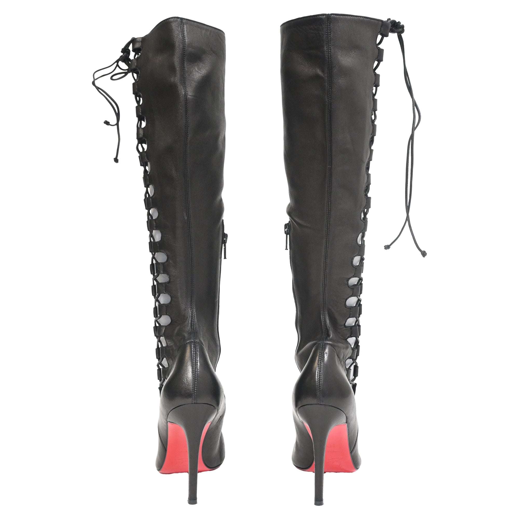 Christian Louboutin Goulue Lace Up Knee Boots in Black Leather
