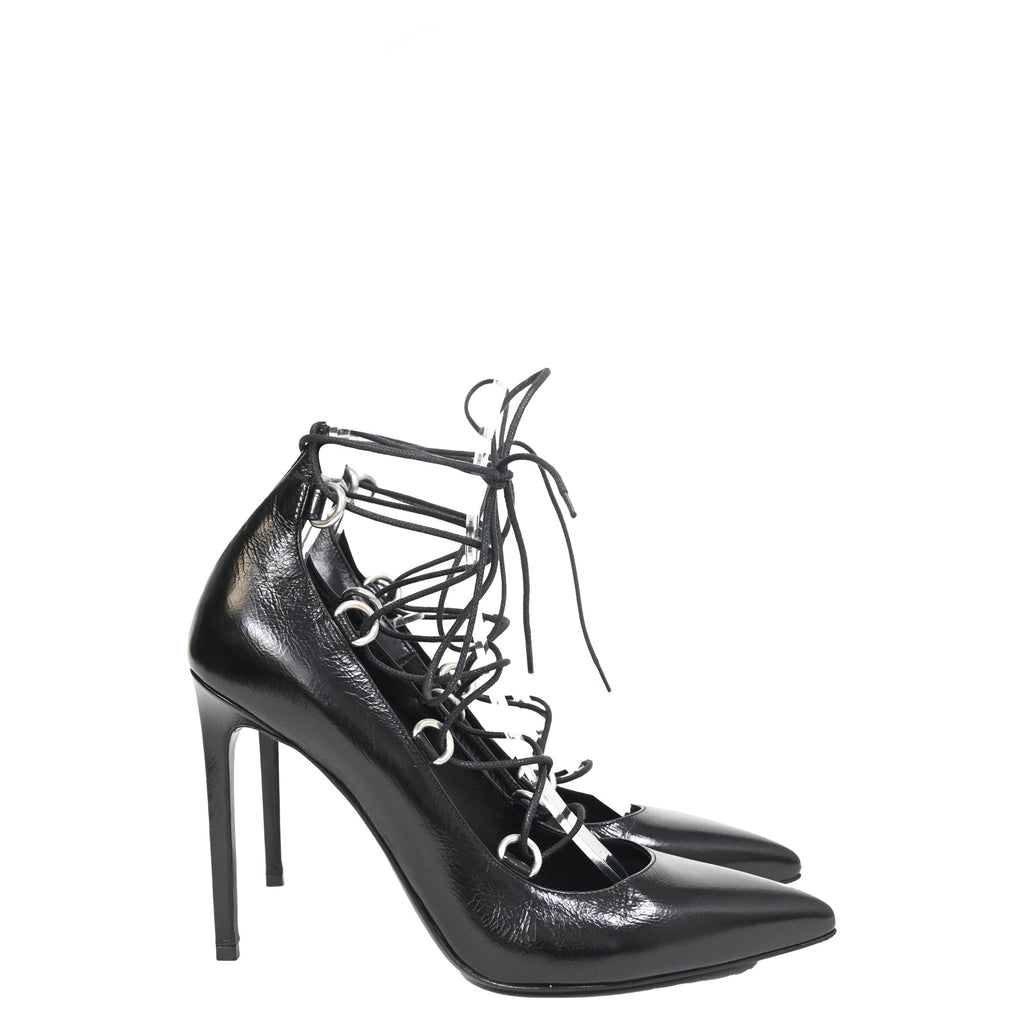 Saint Laurent Thorn Lace Up Pointed Toe Pumps in Black Leather