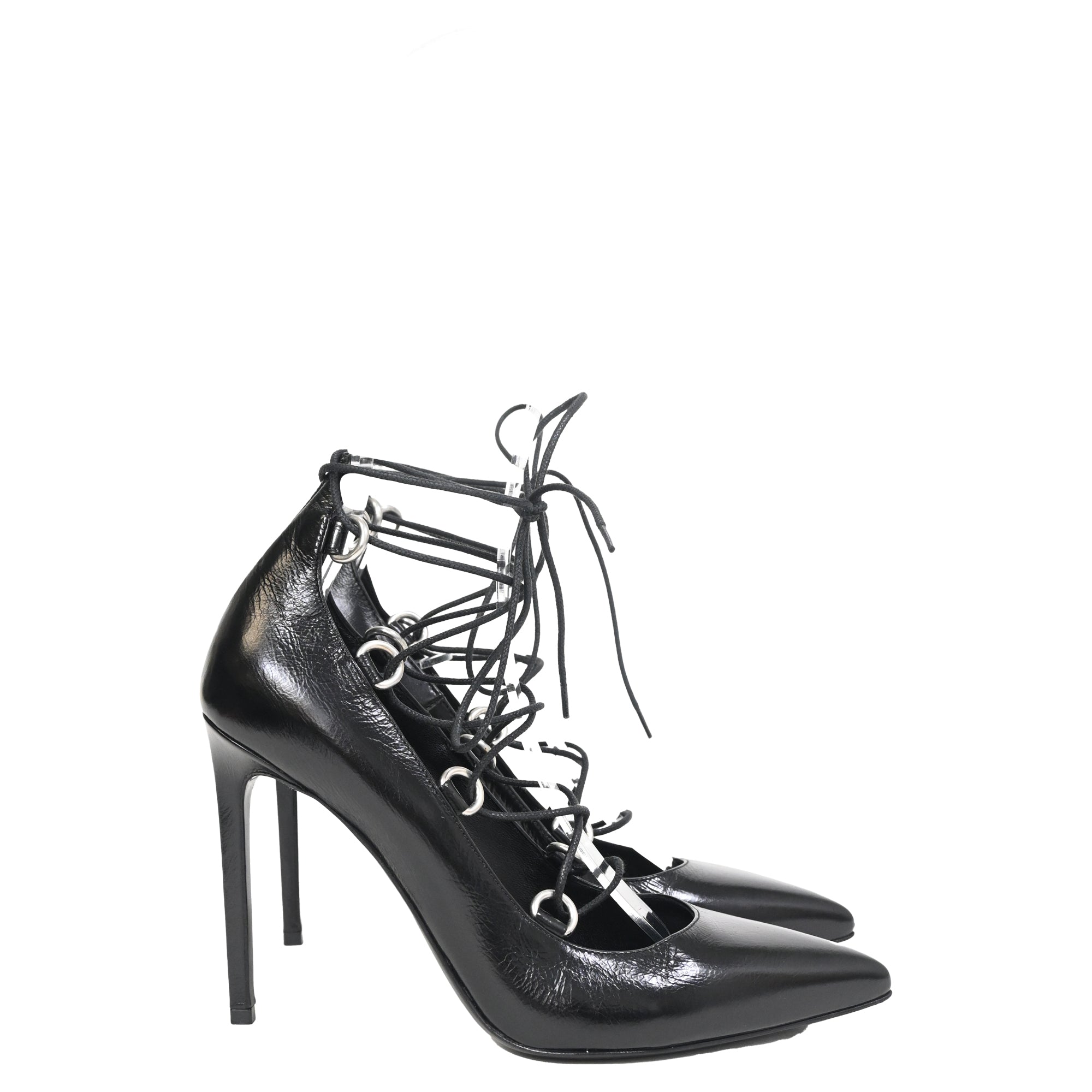 Saint Laurent Thorn Lace Up Pointed Toe Pumps in Black Leather