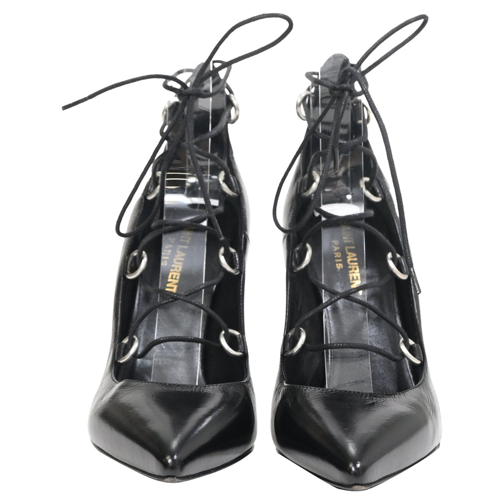 Saint Laurent Thorn Lace Up Pointed Toe Pumps in Black Leather