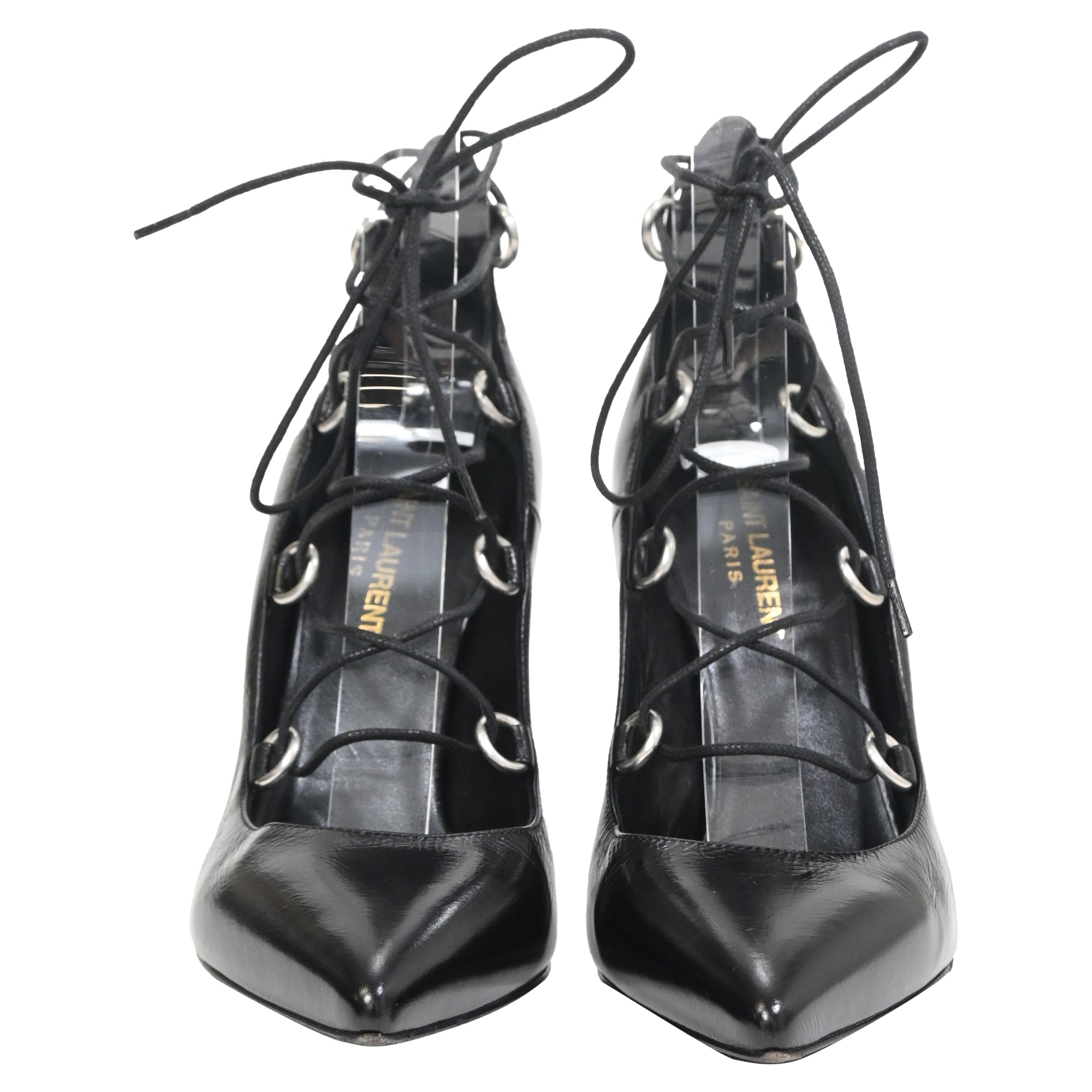 Saint Laurent Thorn Lace Up Pointed Toe Pumps in Black Leather
