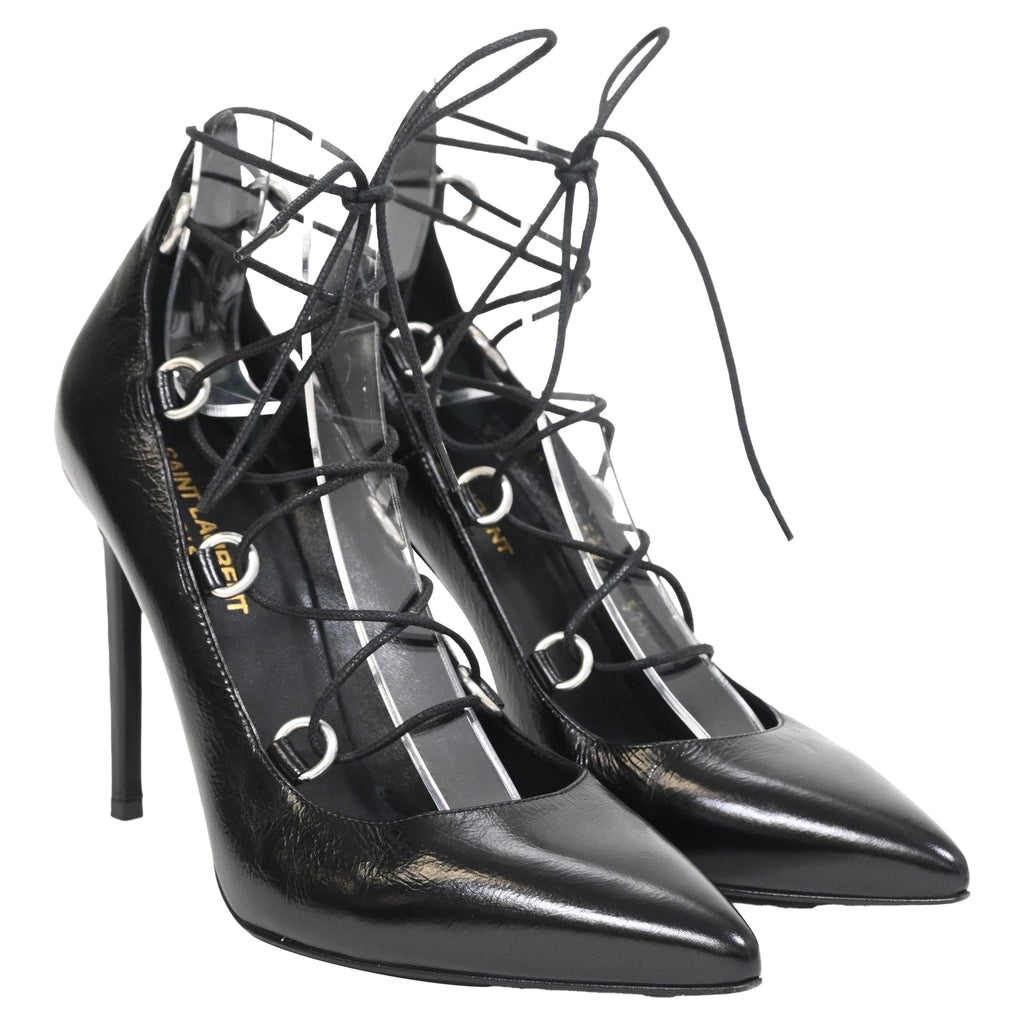 Saint Laurent Thorn Lace Up Pointed Toe Pumps in Black Leather