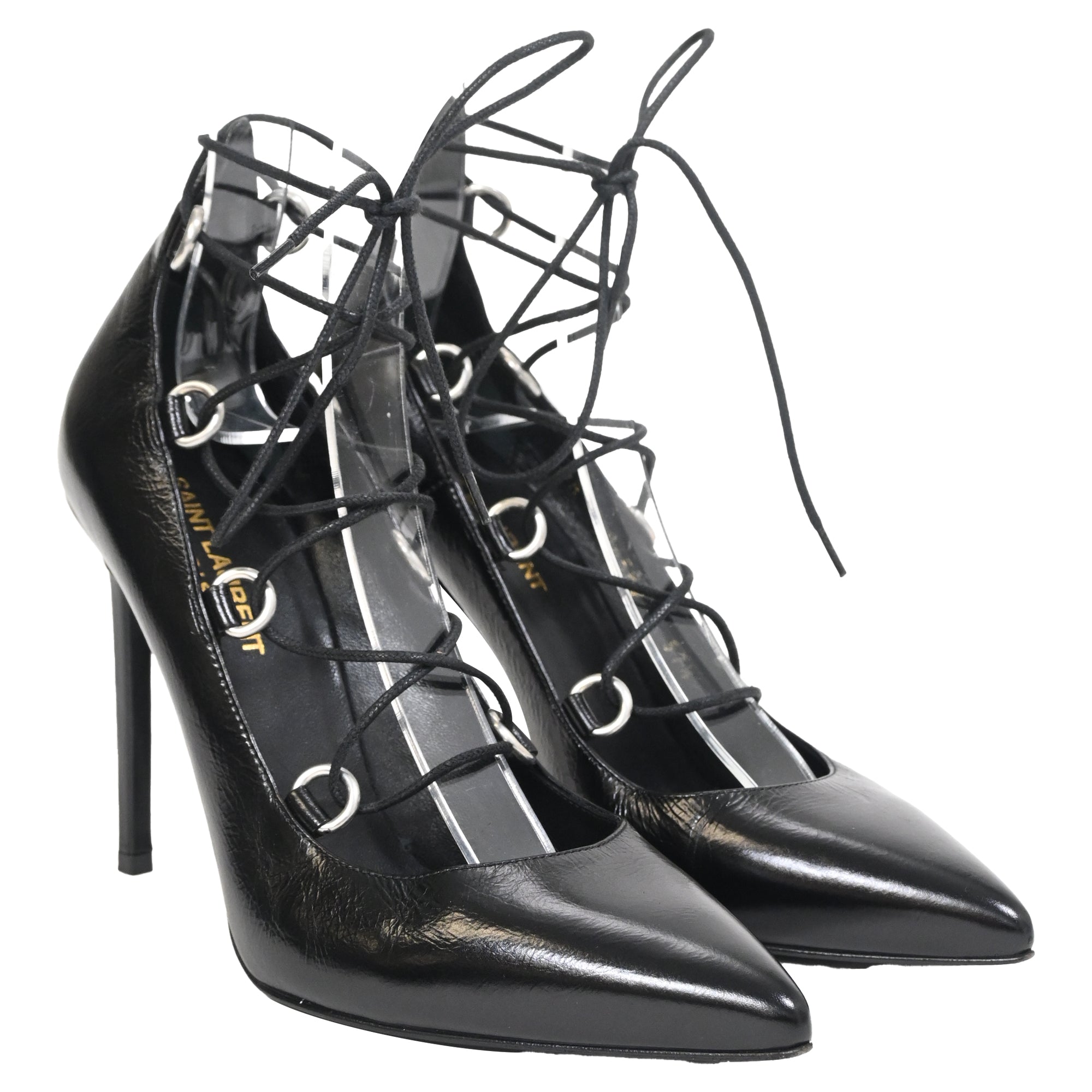 Saint Laurent Thorn Lace Up Pointed Toe Pumps in Black Leather