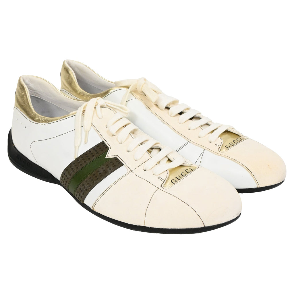 Men's Gucci Web Low-Top Sneakers in White Suede and Leather
