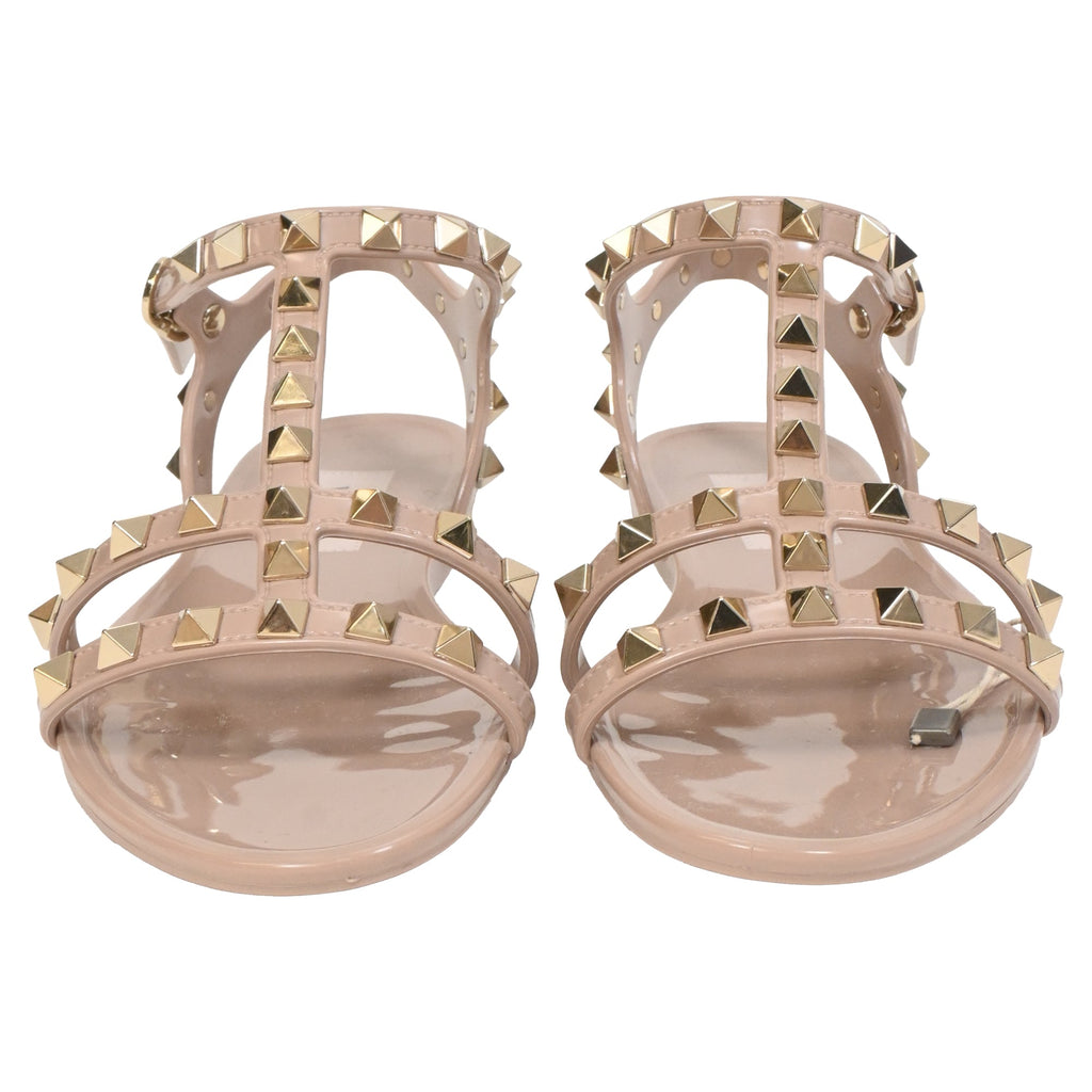 Women's Valentino Rockstud Flat Sandals in Beige Rubber