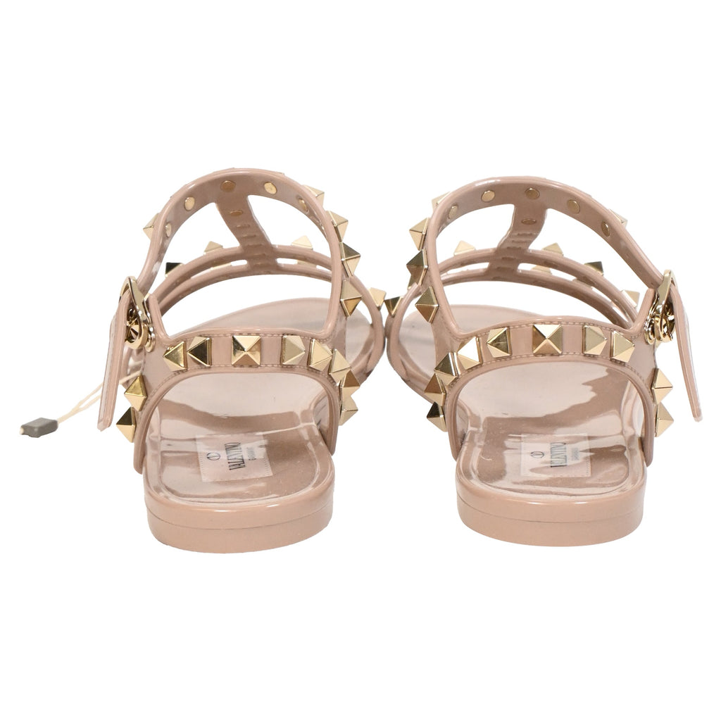 Women's Valentino Rockstud Flat Sandals in Beige Rubber