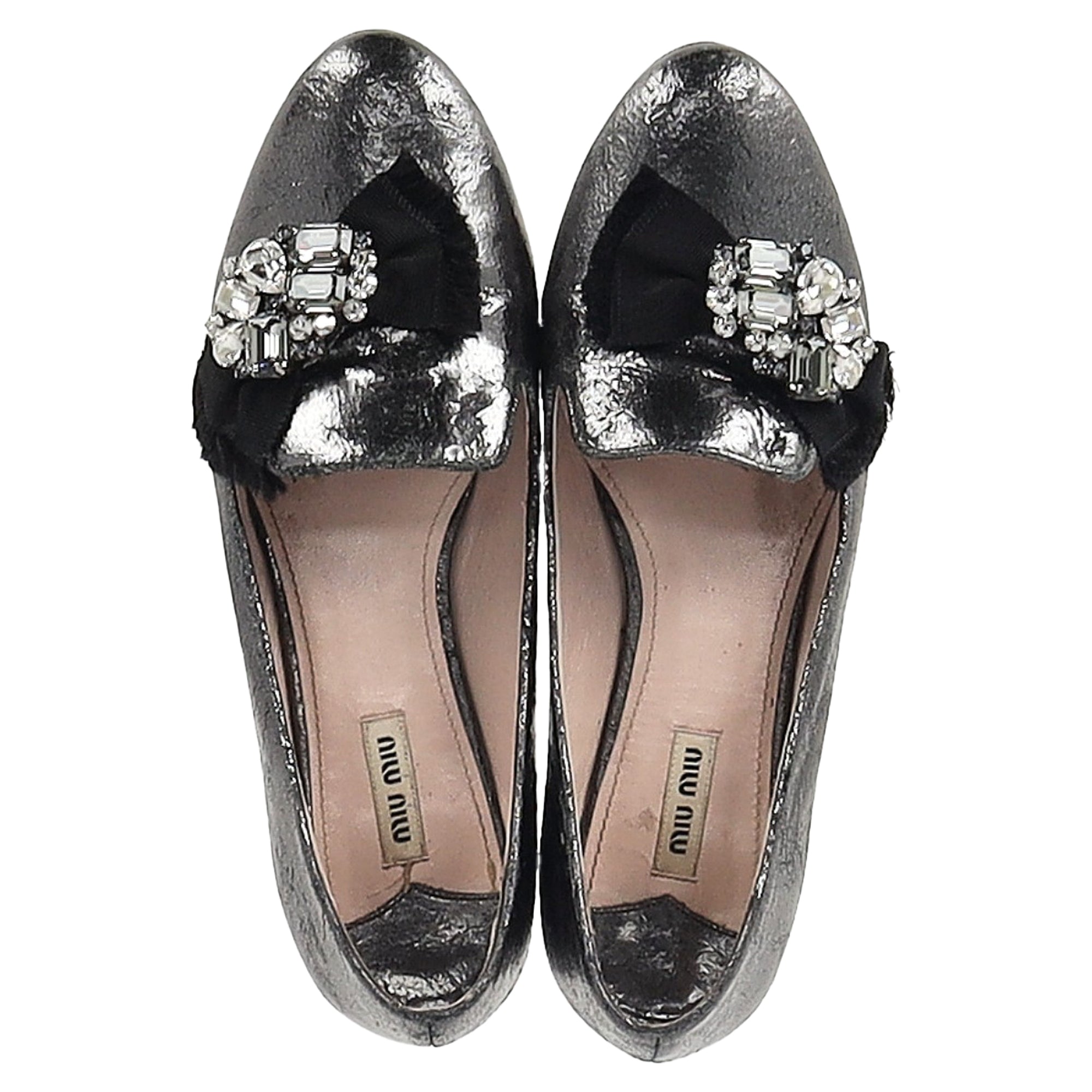 Miu Miu by Prada Jeweled Ballet Flats in Metallic Grey Leather