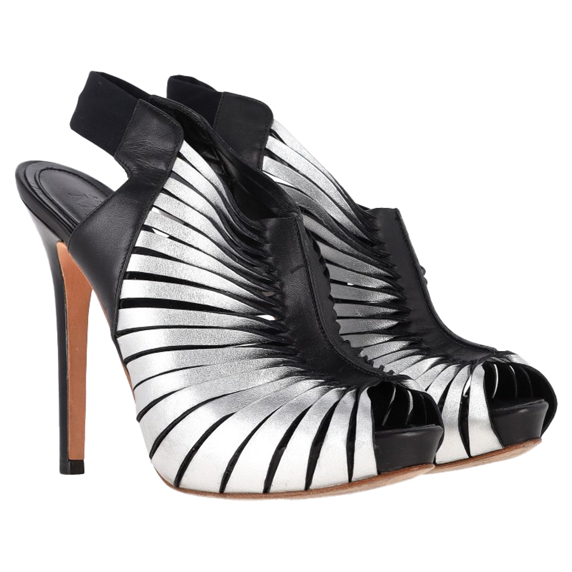 Alexander Mcqueen Peep Toe Slingback Heels in Silver Leather