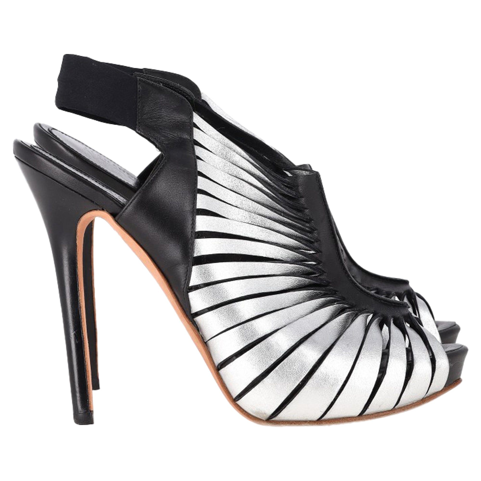 Alexander Mcqueen Peep Toe Slingback Heels in Silver Leather