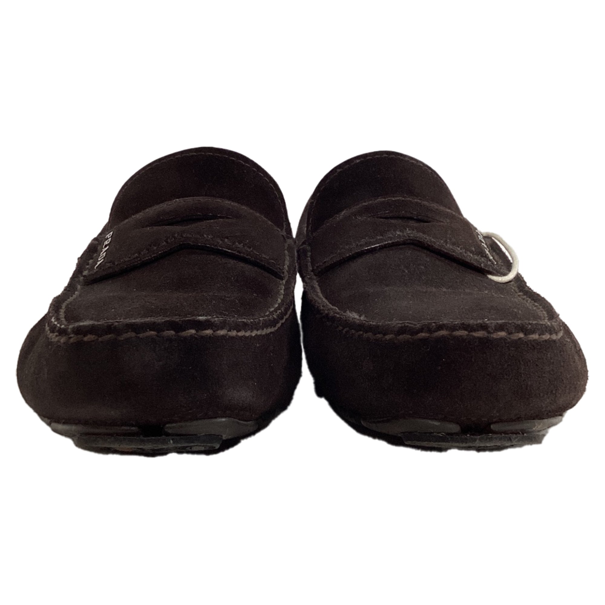 Prada Logo Penny Driver Loafers in Brown Suede
