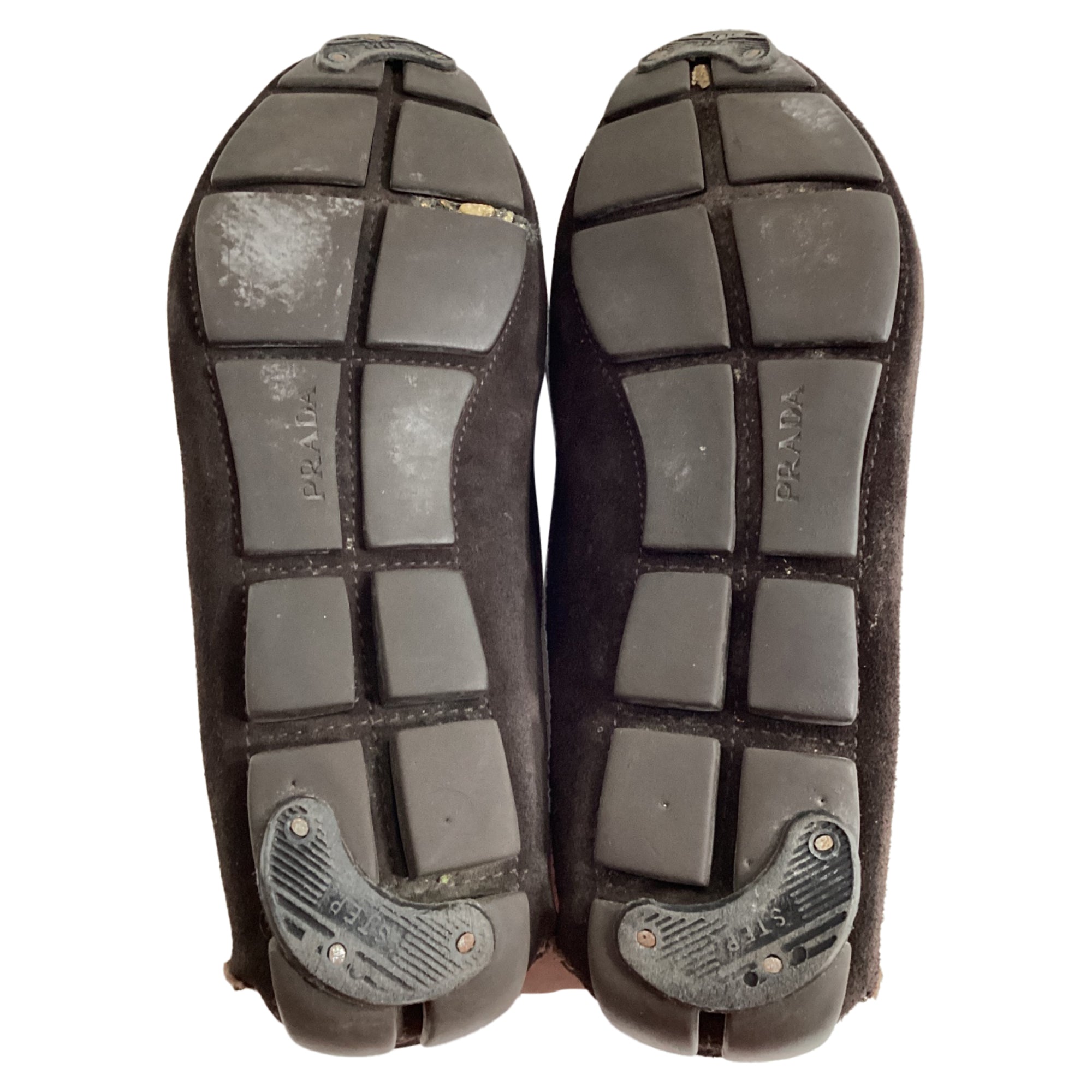 Prada Logo Penny Driver Loafers in Brown Suede