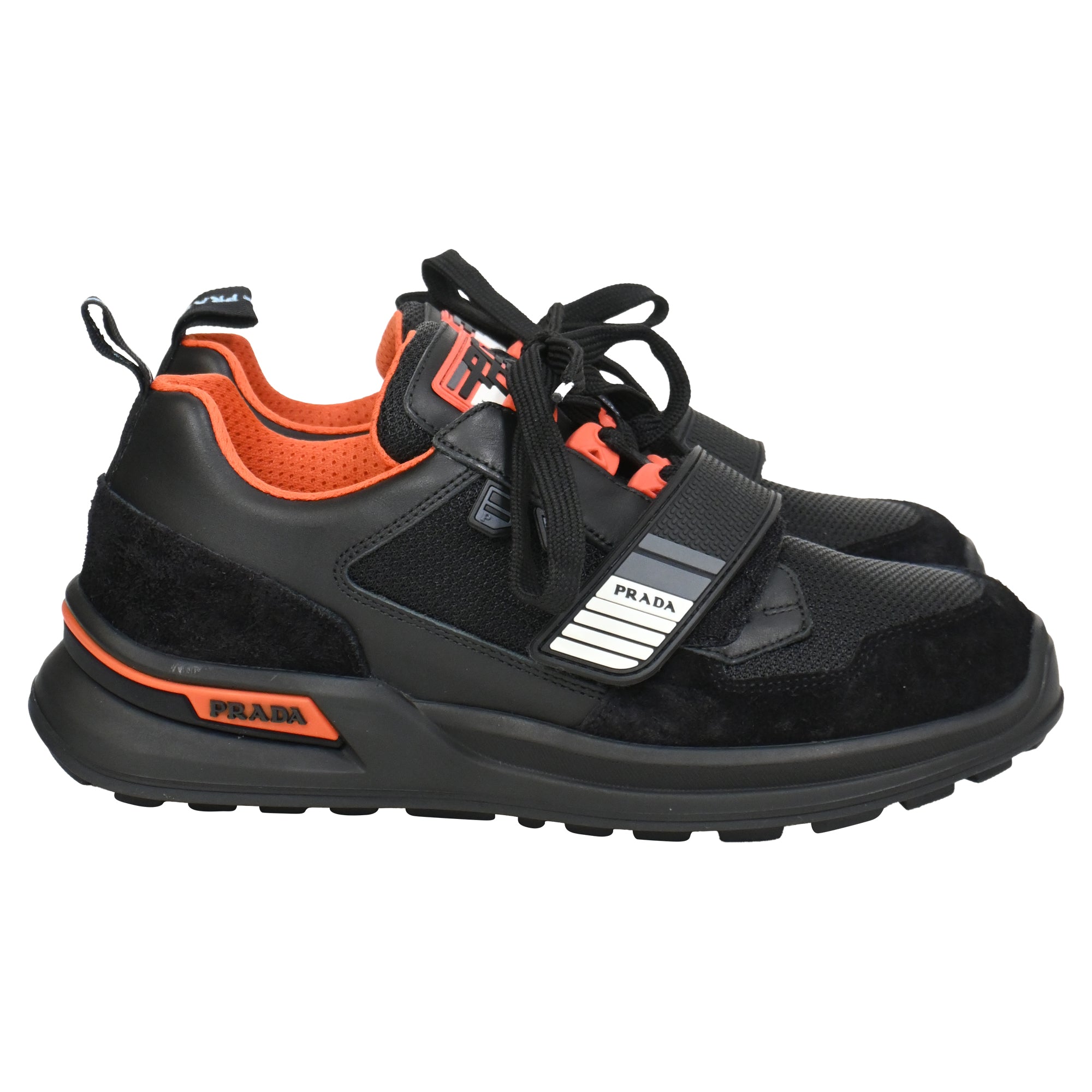 Prada Mechano Sneakers in Black Orange Leather