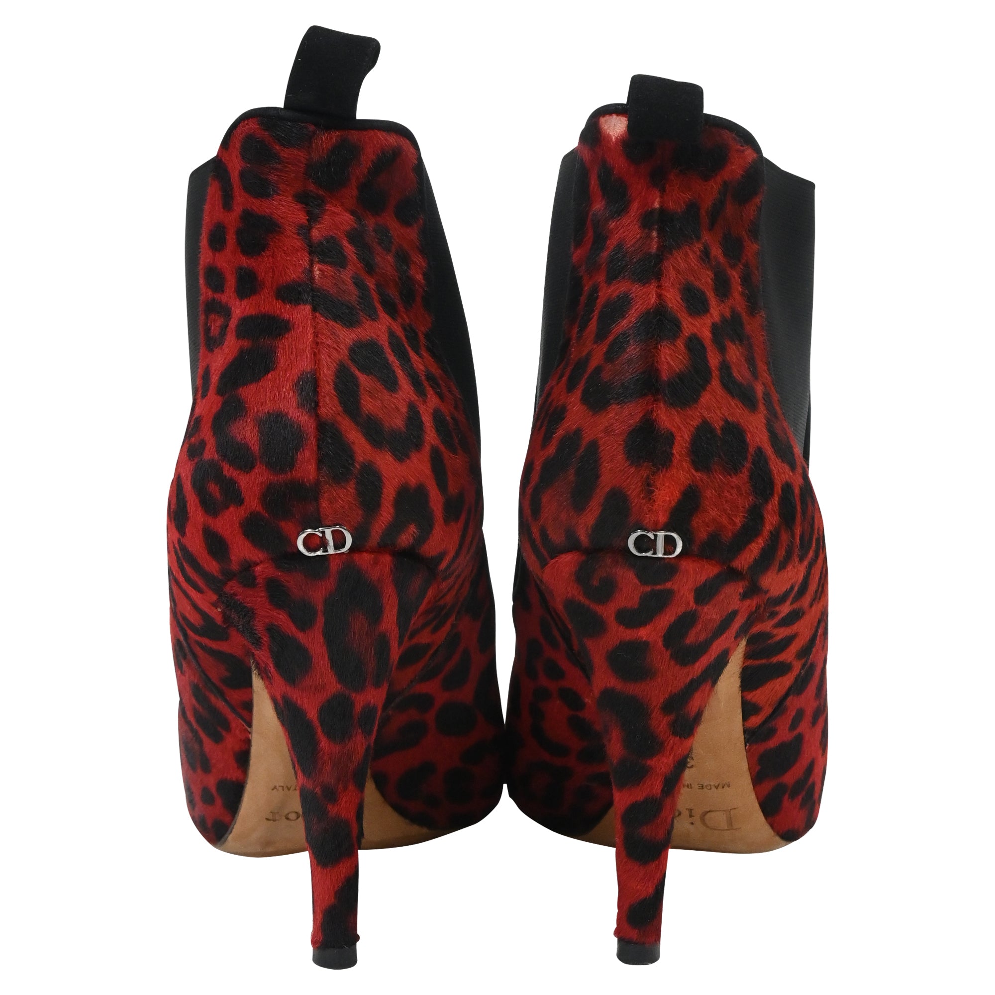 Women's Dior Leopard Print Ankle Boots in Red Pony Hair